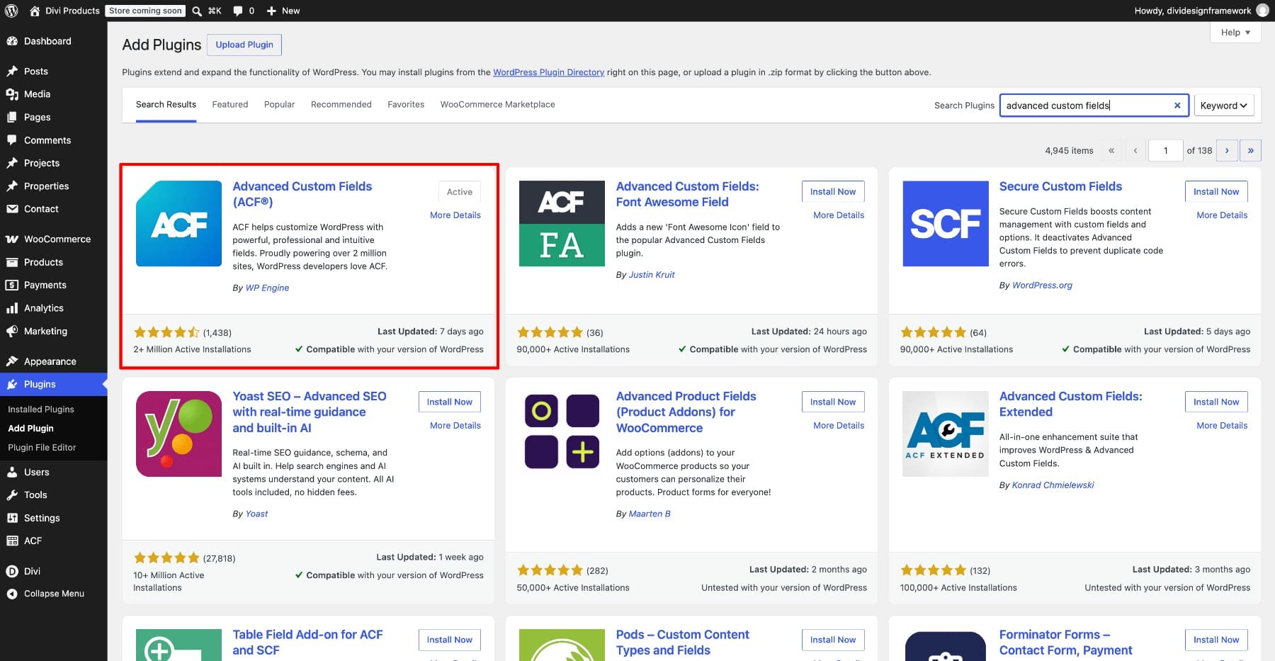 Activate the Advanced Custom Fields plugin