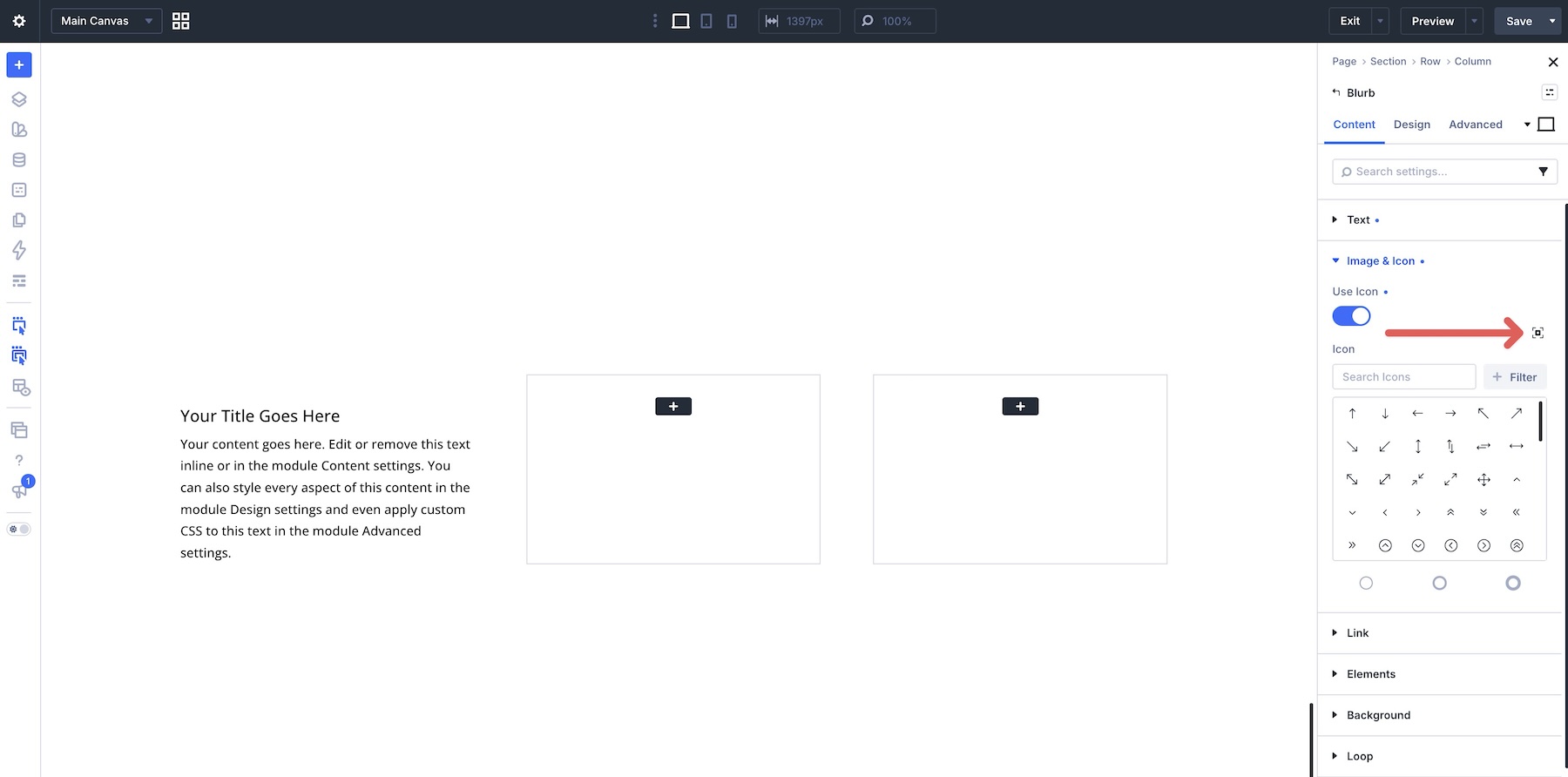 Opening the expanded Divi Sensei Icons browsing modal