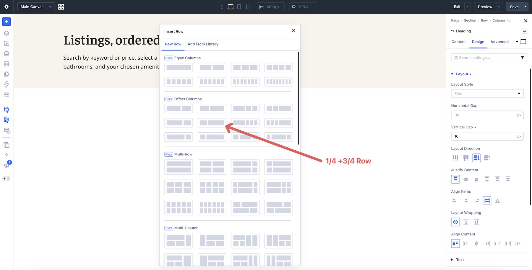 add a new row in the Visual builder