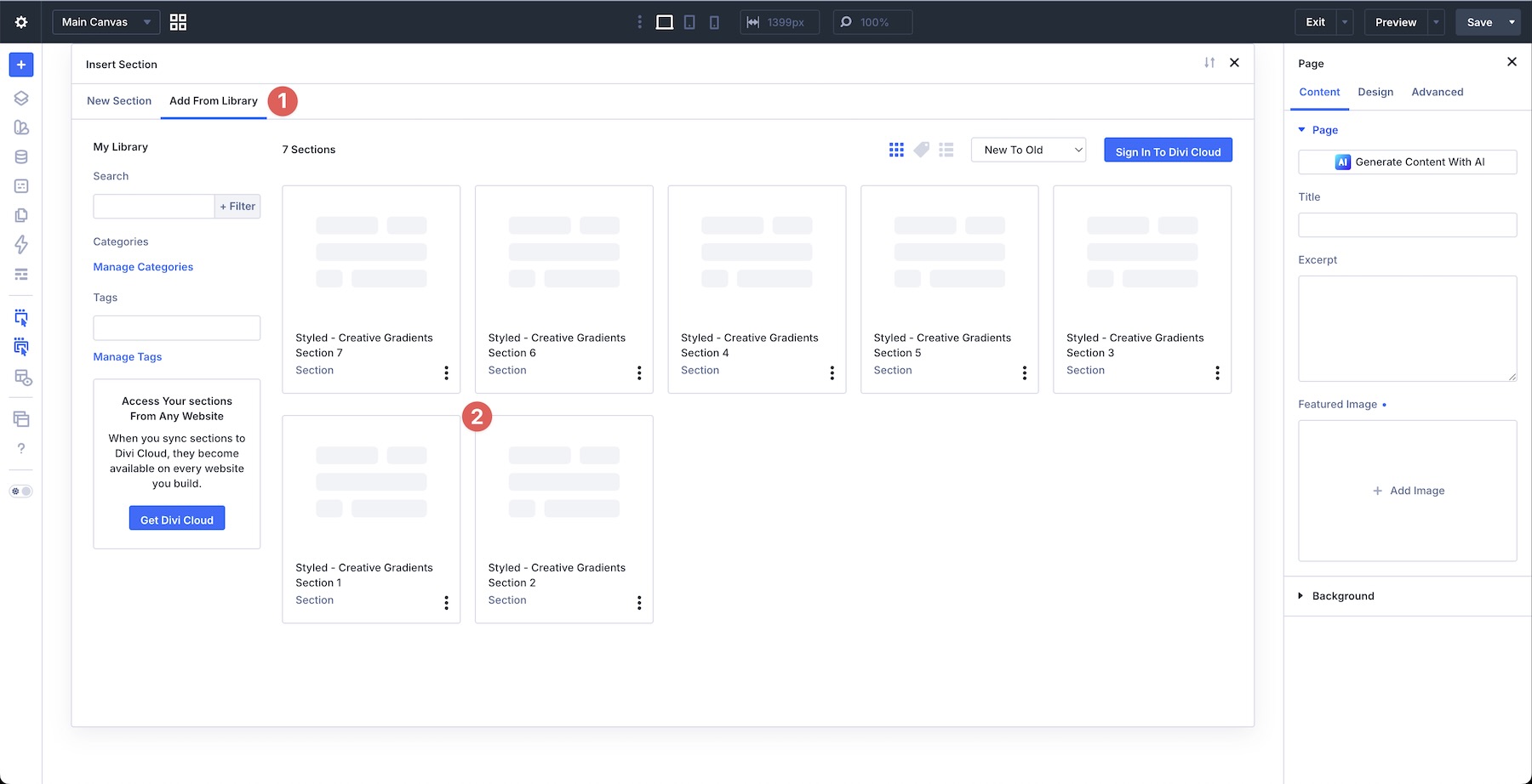 add a section from the Divi Library