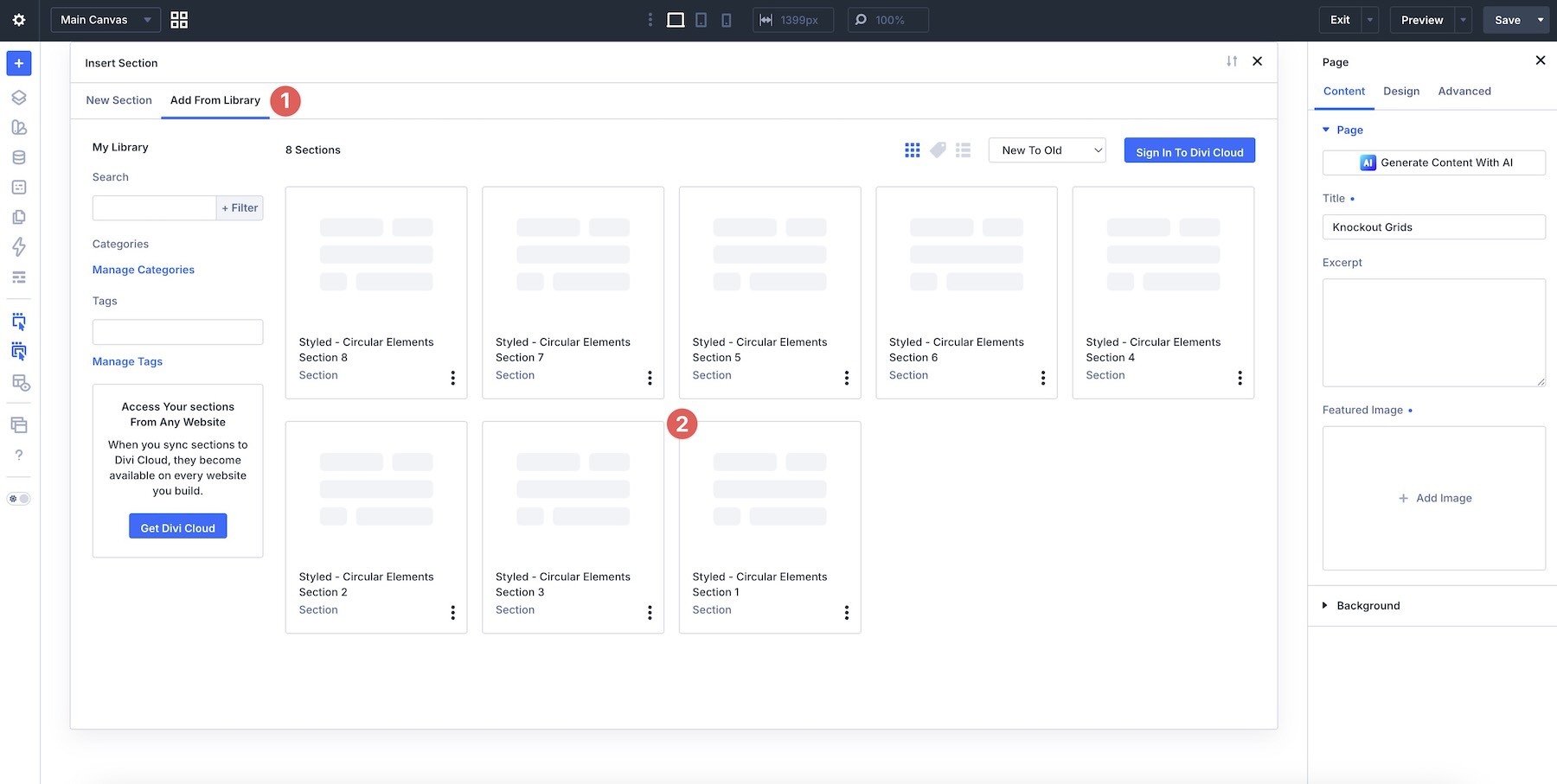 add circular layouts from the Divi Library