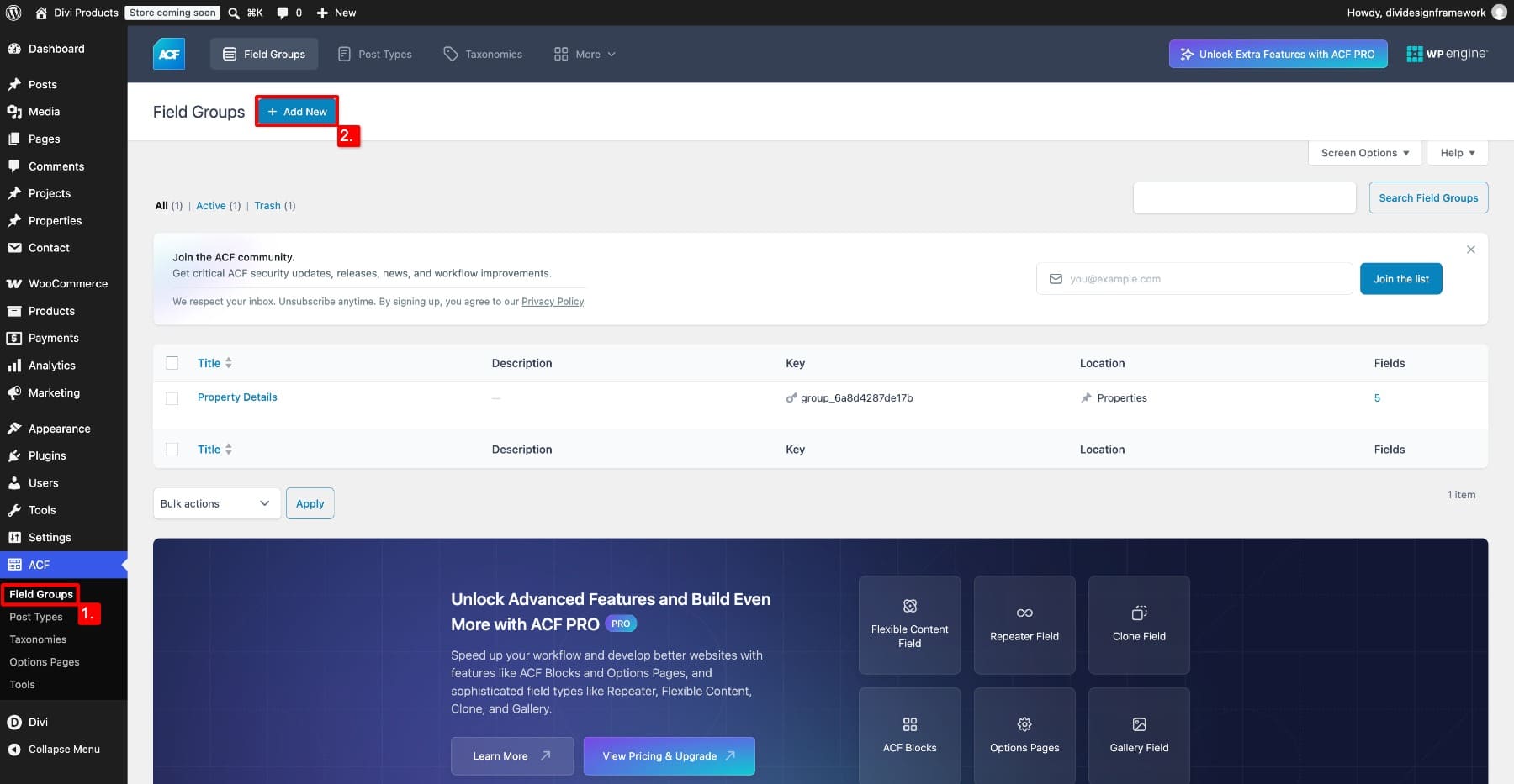 Create the Property Details field group in ACF