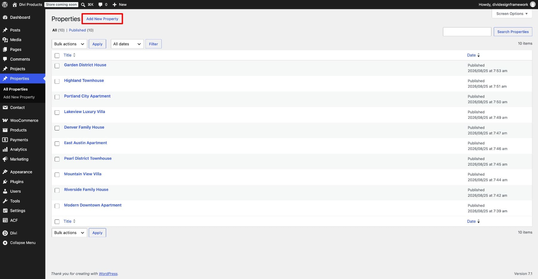 Add a property listing and fill in its custom fields