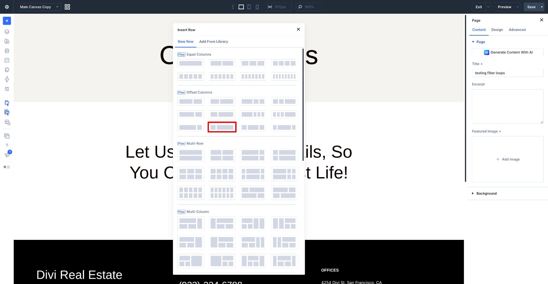 Add a two-column row for the filter and listings