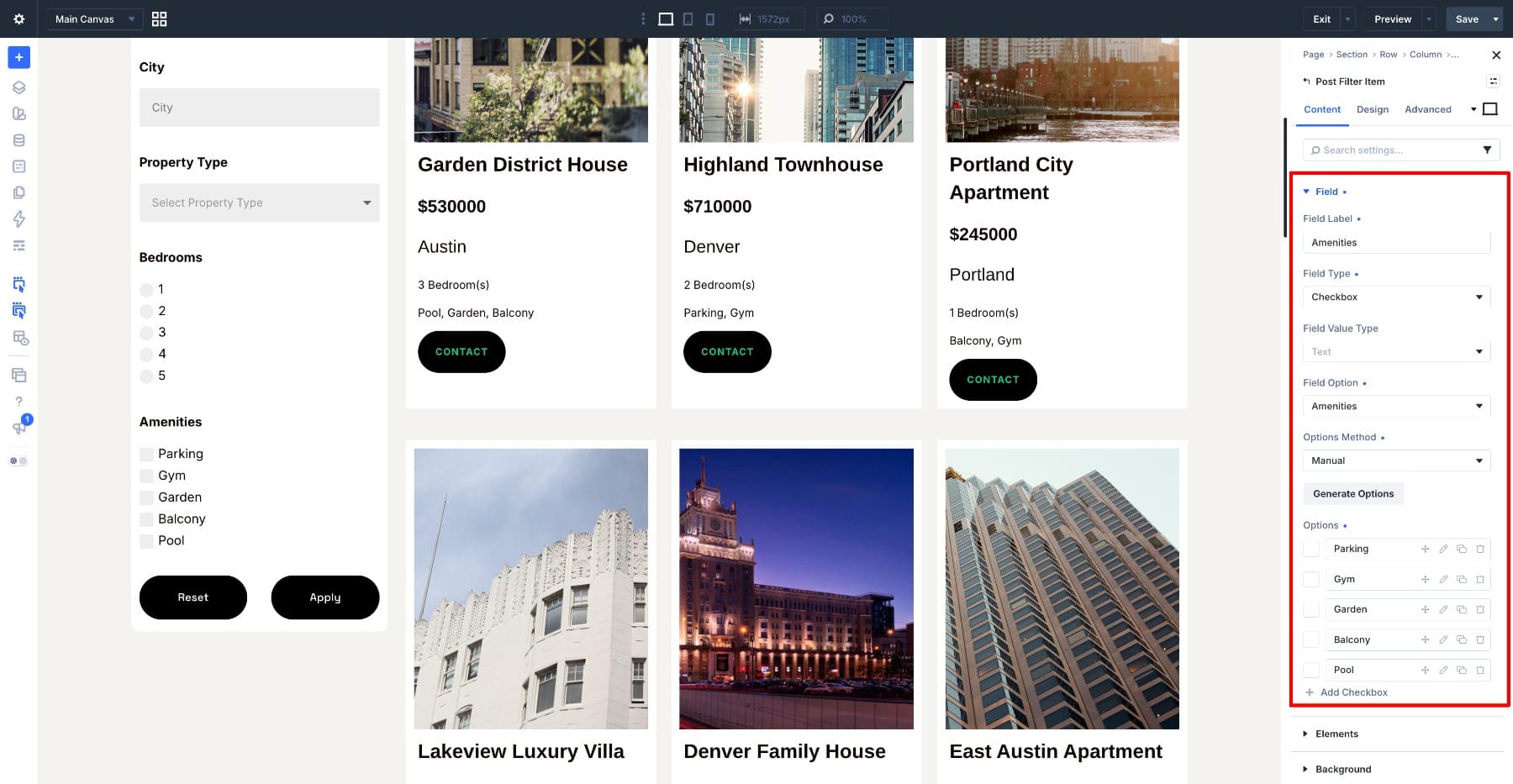 Manually configured Amenities checkbox options in Divi 5