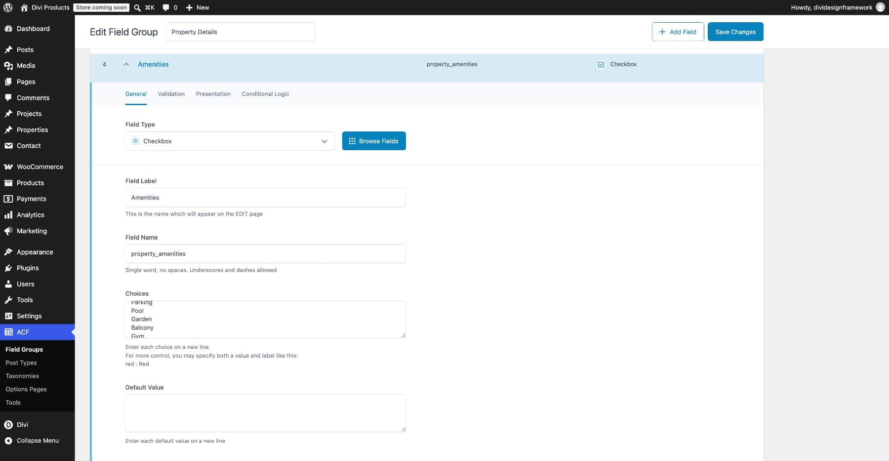 Configure the Amenities Checkbox field in ACF