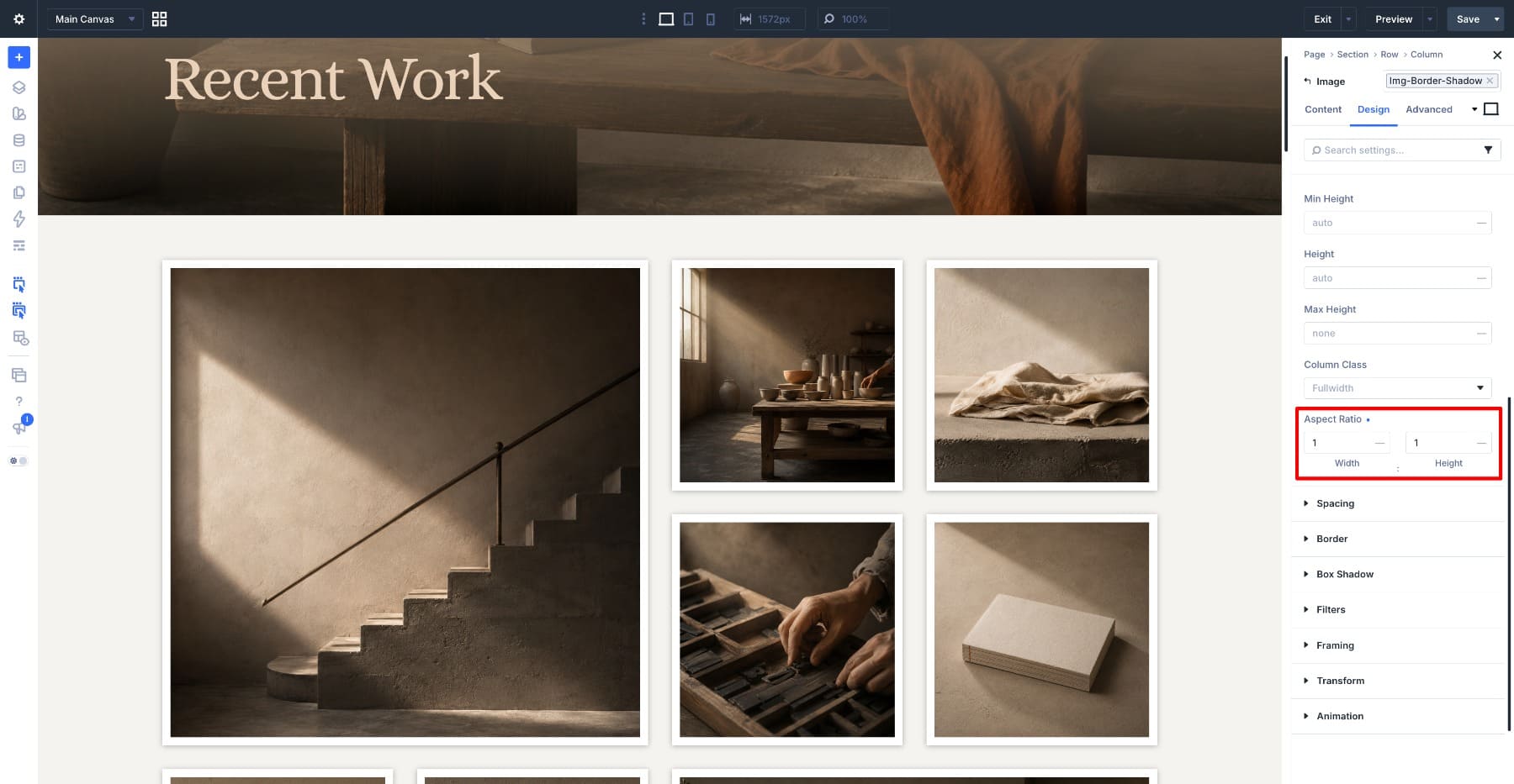 Setting a 1:1 Aspect Ratio on a gallery Image module in Divi 5