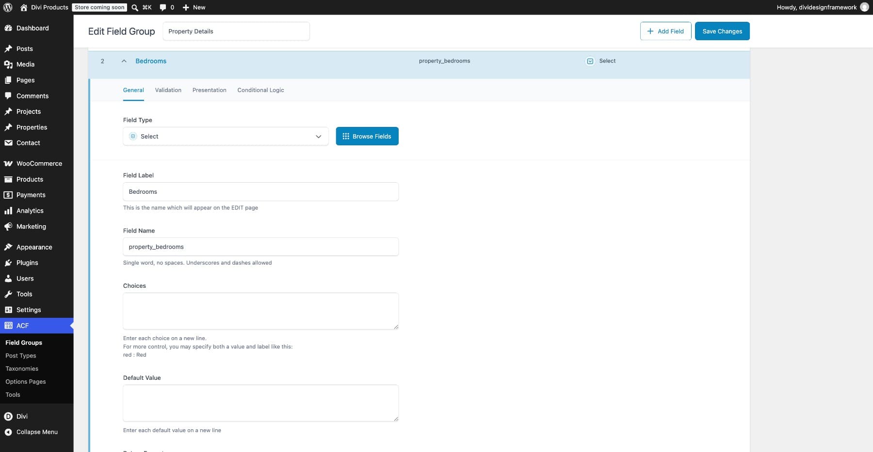 Configure the Bedrooms Select field in ACF