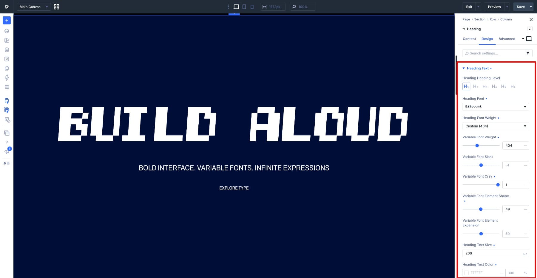 Hero section designed with the Bitcount variable font