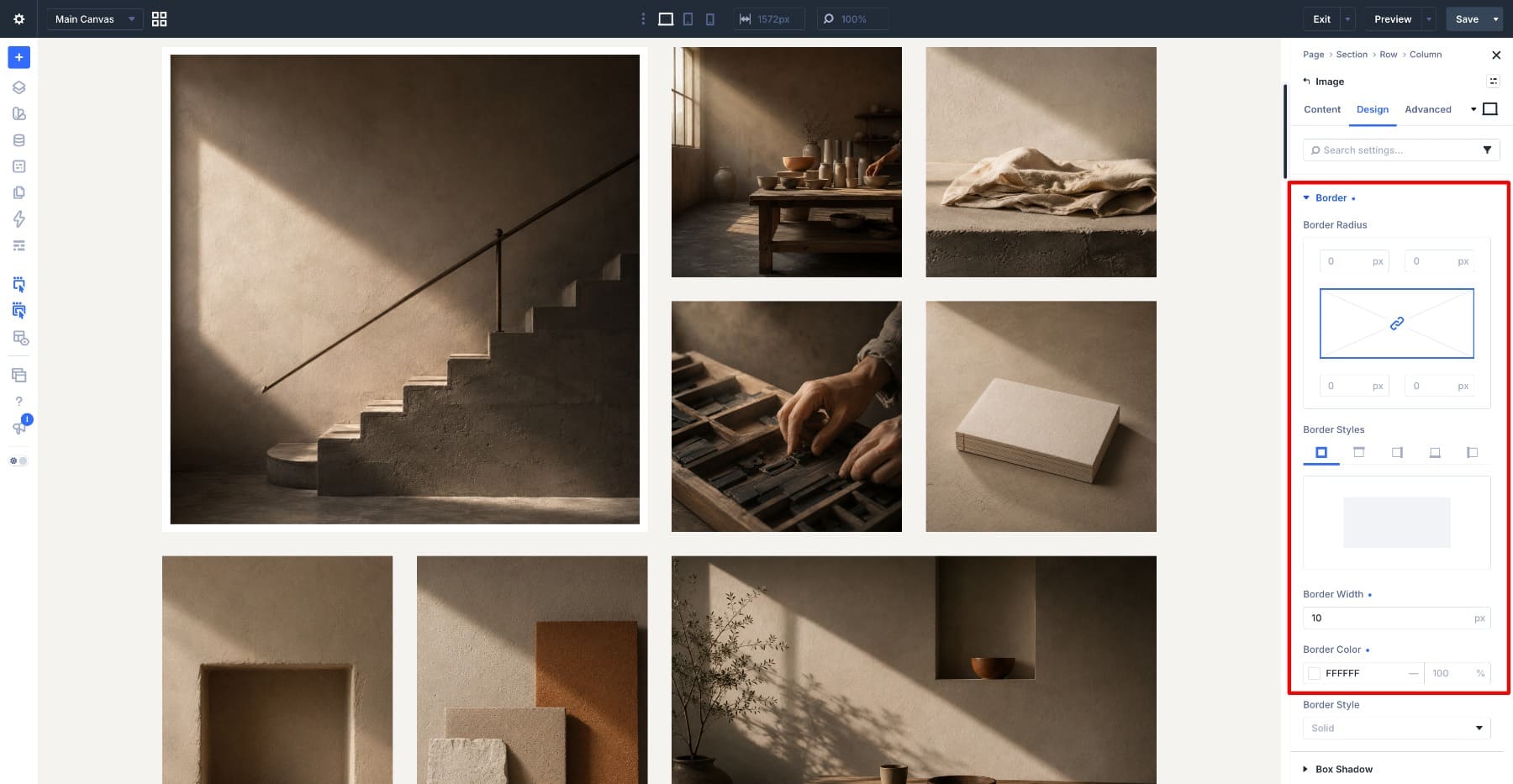 White border settings applied to the gallery Image module