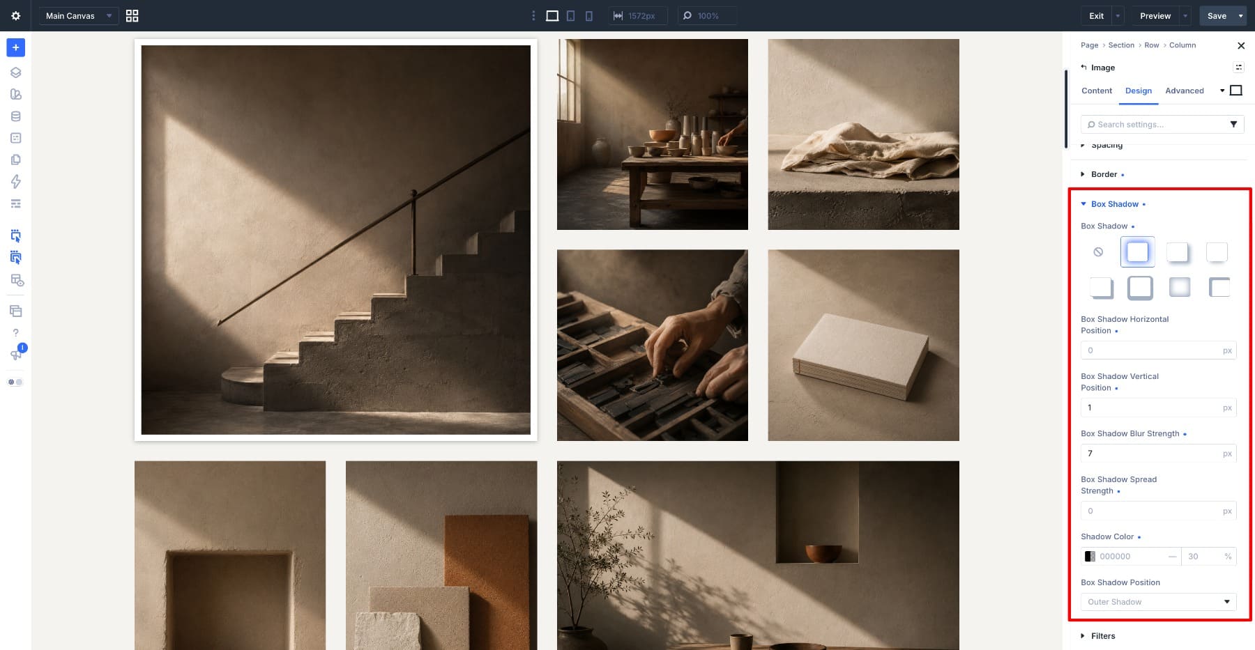 Soft Box Shadow settings applied to a gallery Image module