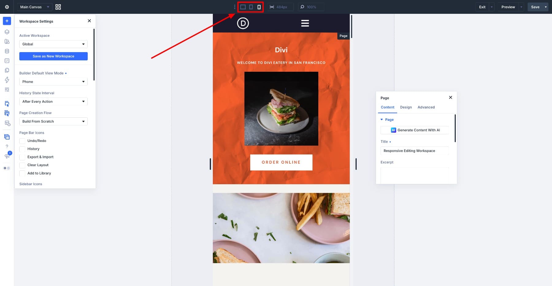 Breakpoint switcher in the Divi 5 top bar