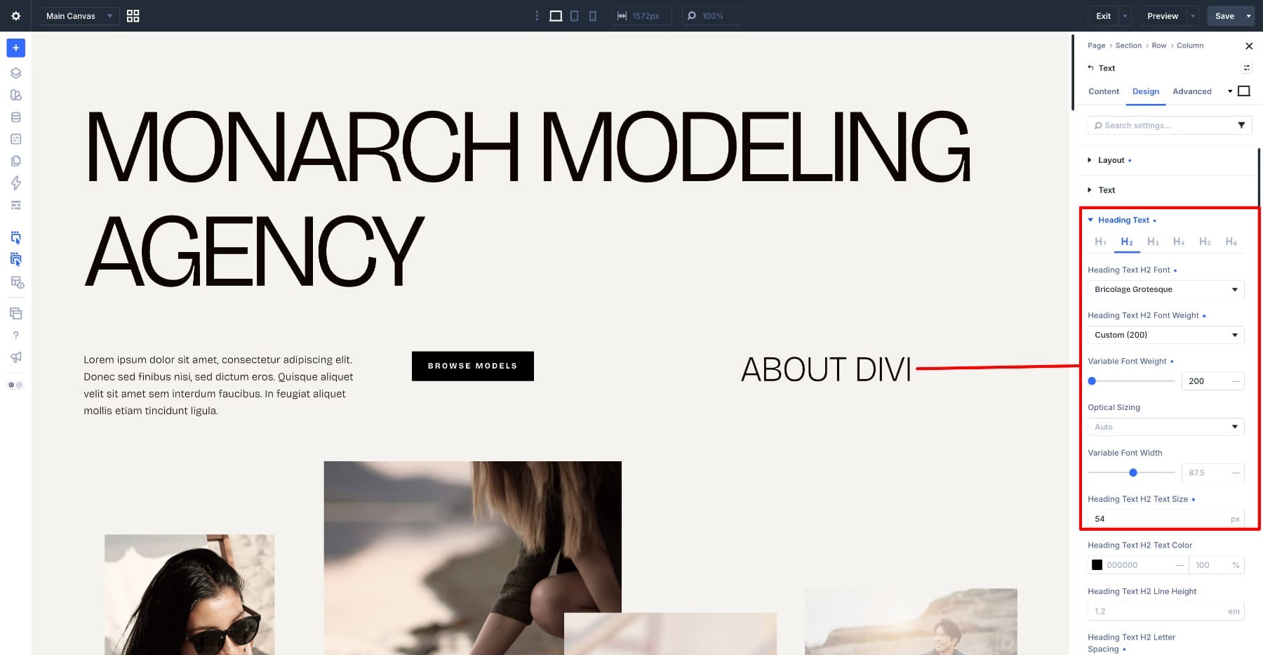 Bricolage Grotesque section heading settings in Divi 5