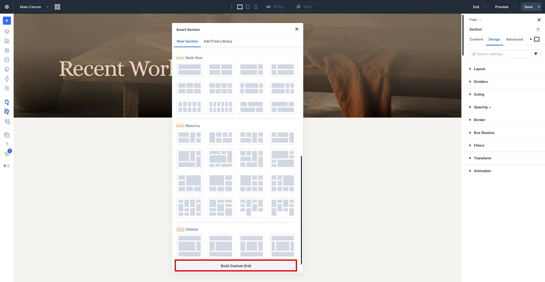 Build Custom Grid option in the Divi 5 structure picker