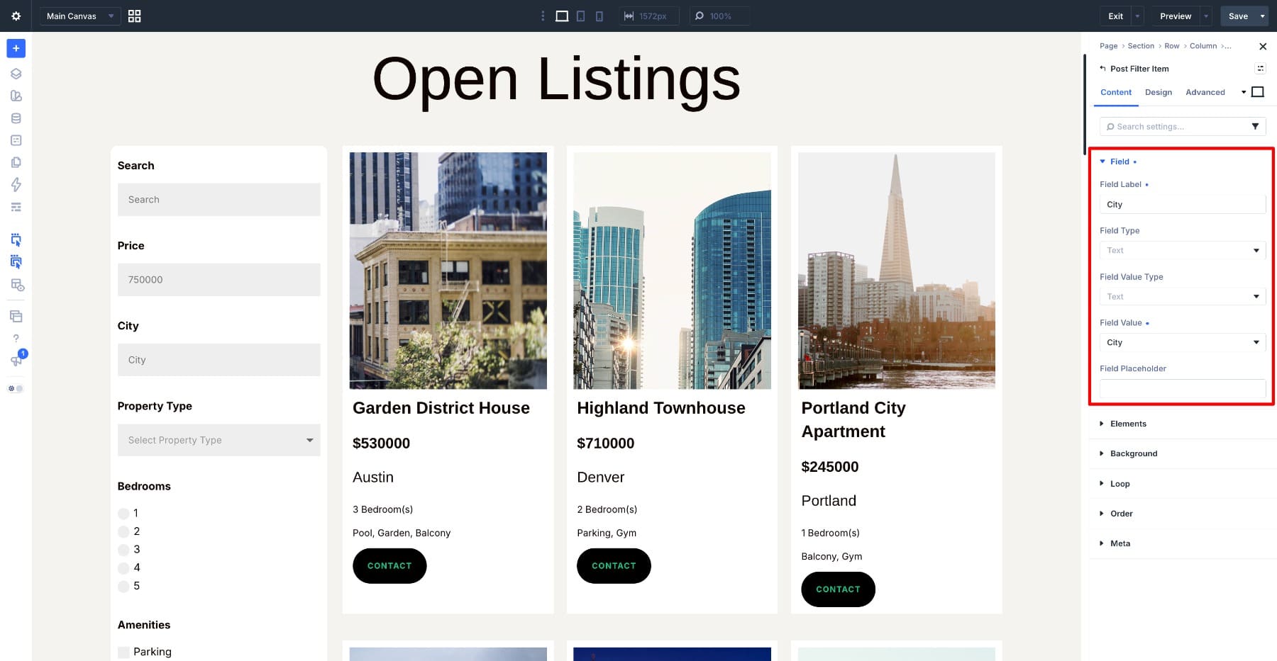 Connect a Text filter to the City custom field