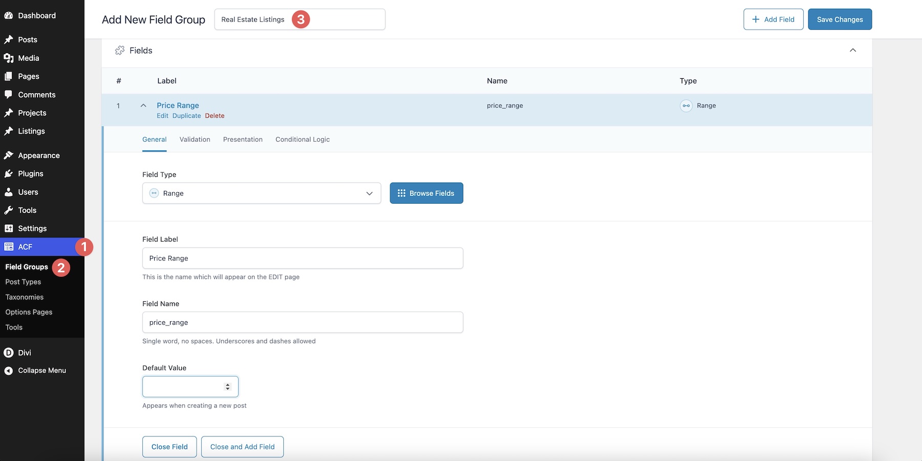 create a new Field Group in ACF