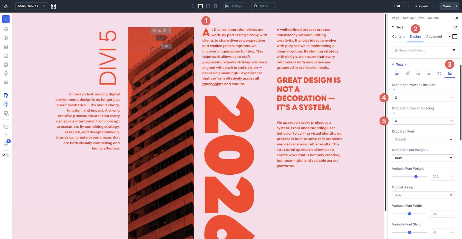 Drop Caps styling options in Divi 5