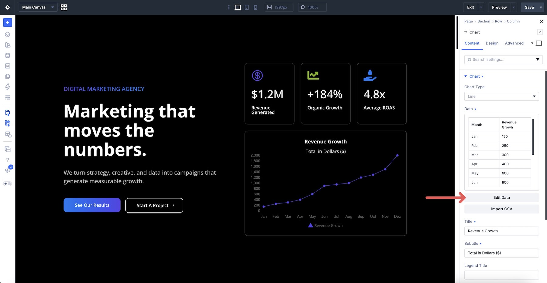 Edit chart data in the Visual Builder