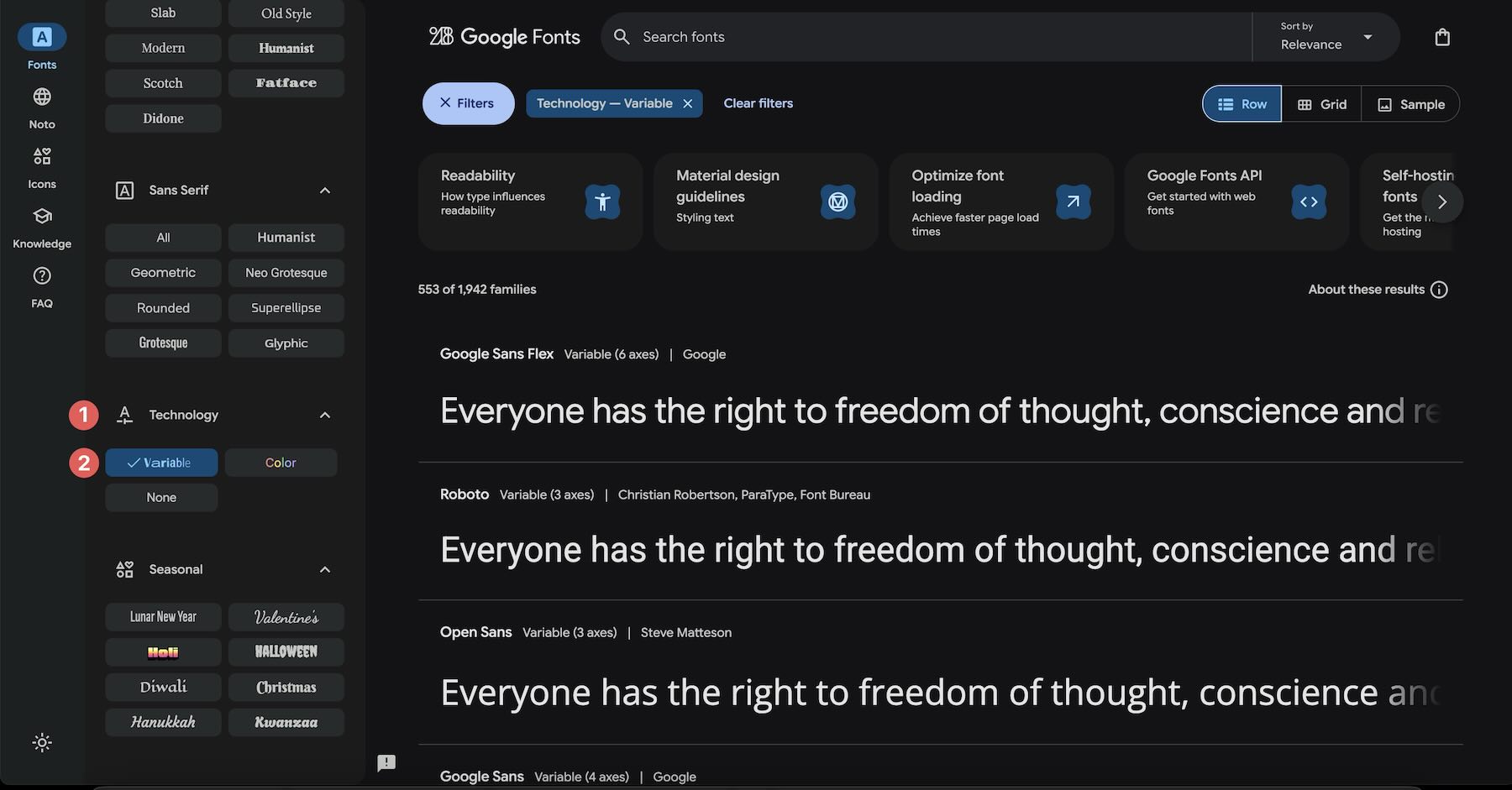 Variable fonts filter on the Google Fonts website