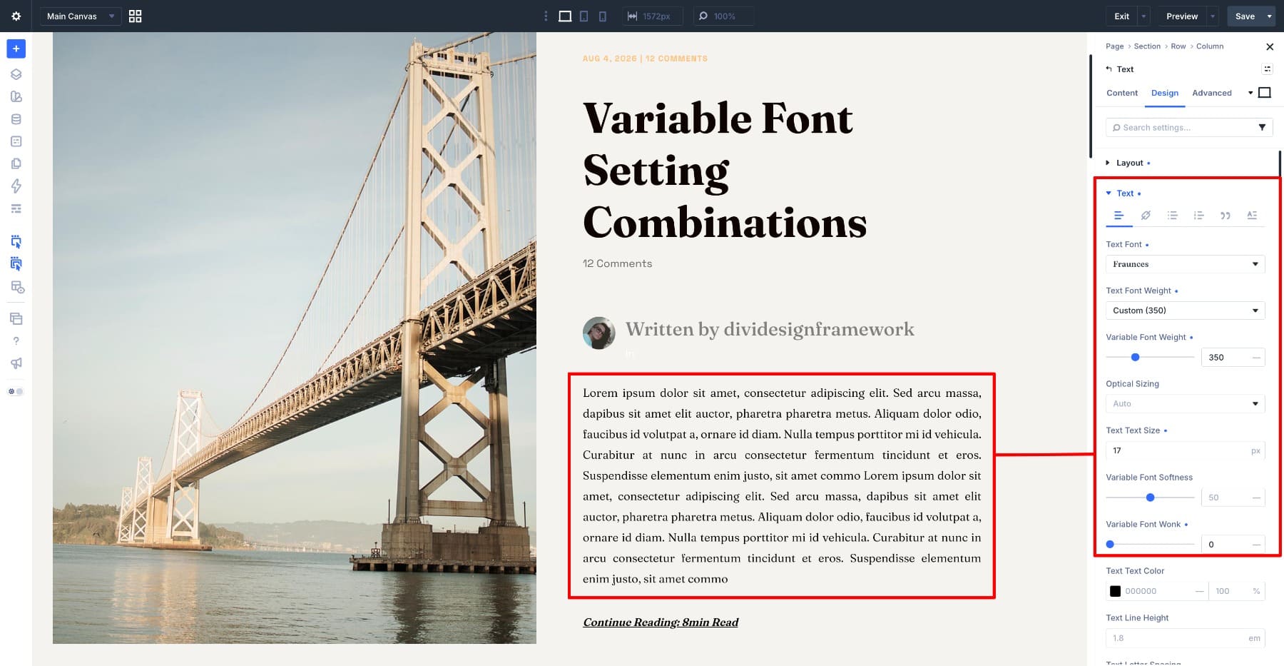 Fraunces body text with Wonk disabled in Divi 5