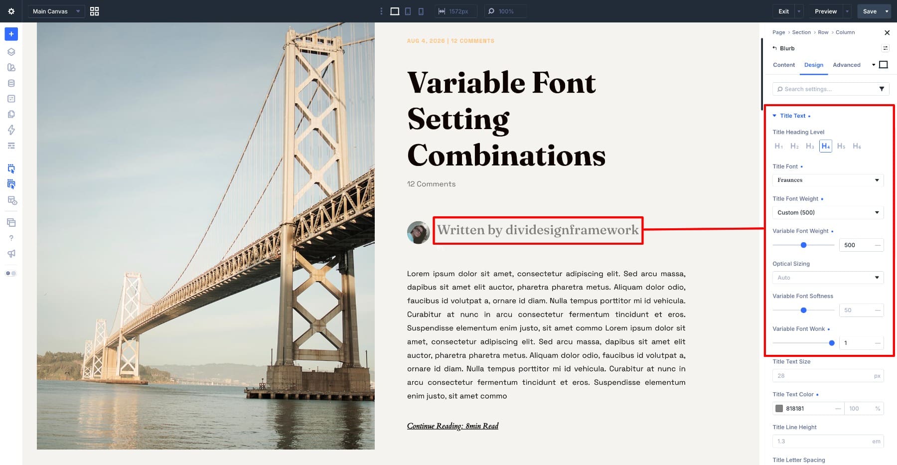 Fraunces byline with Wonk enabled in Divi 5