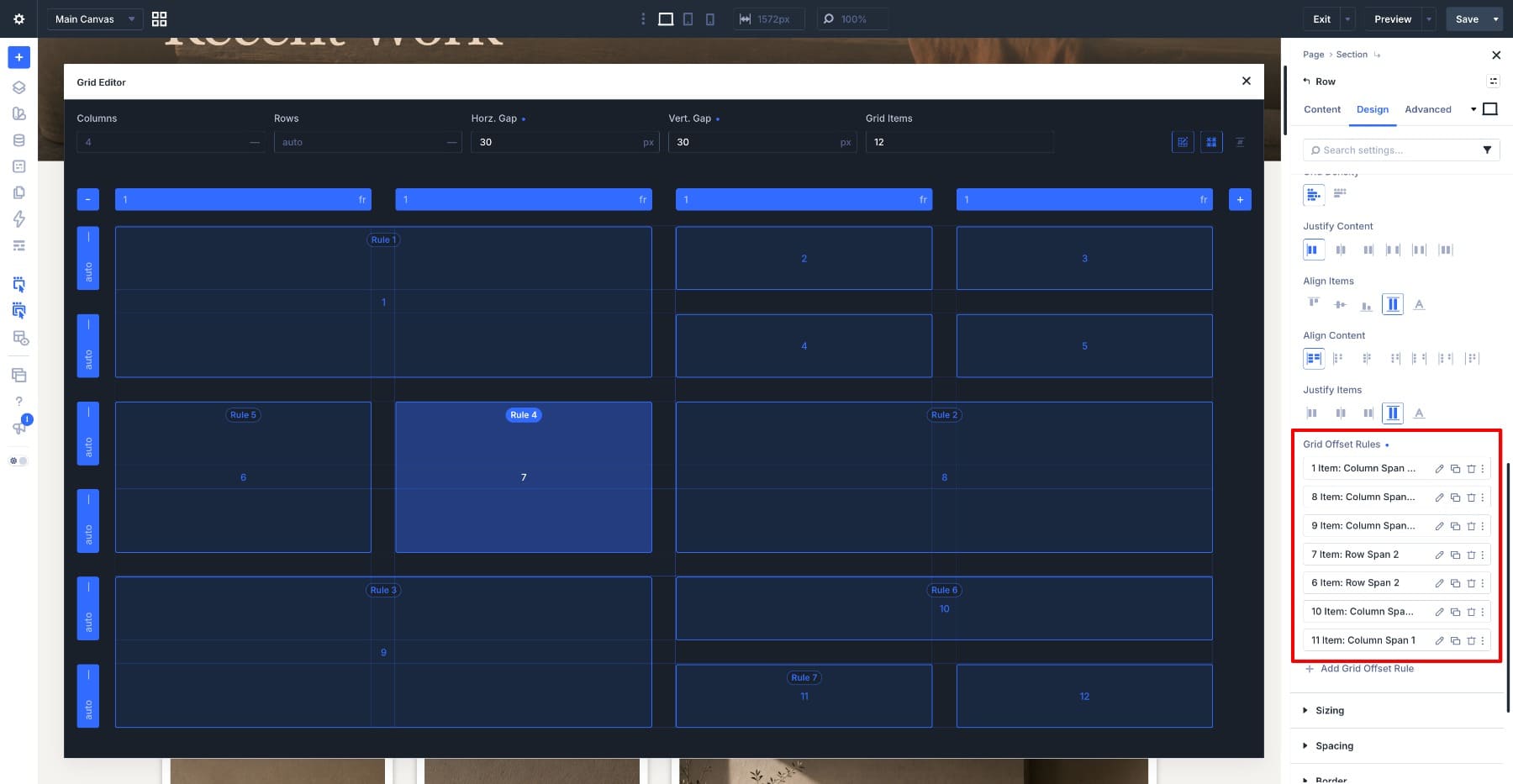 Grid Offset Rules generated by resizing items in the Divi 5 Grid Editor
