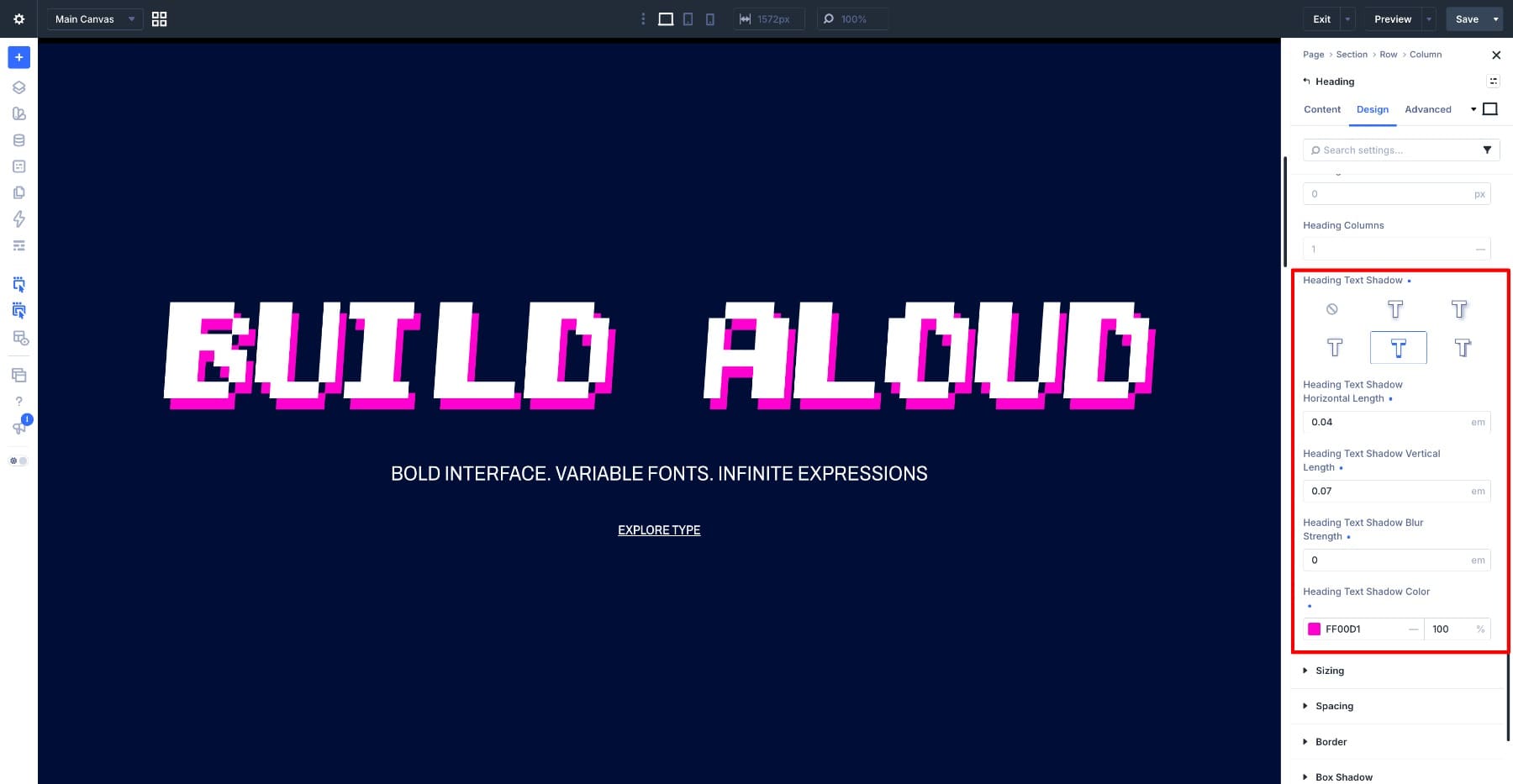 Text shadow settings for the Bitcount heading