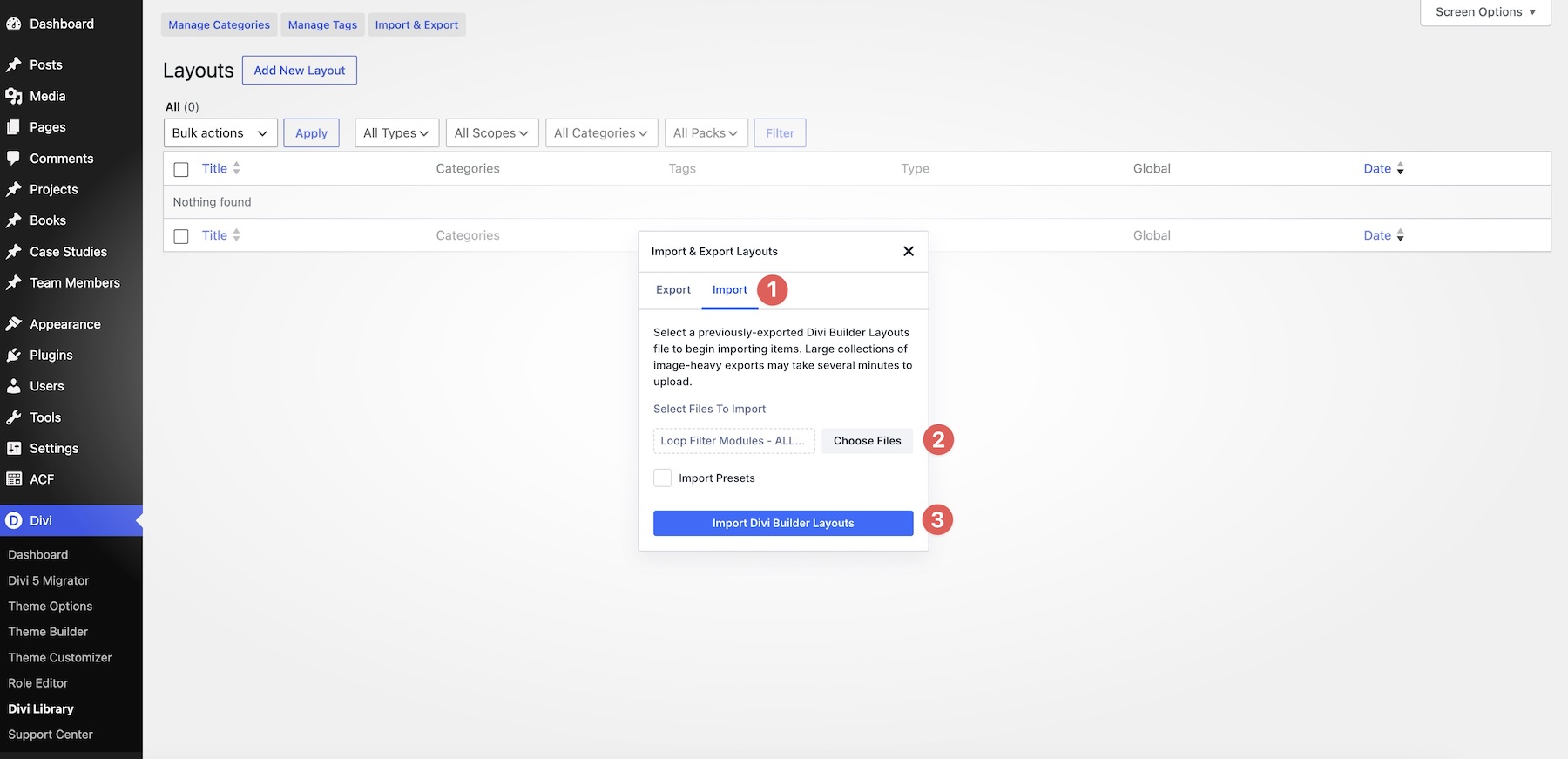 Importing the Loop Filter Module layouts into the Divi Library