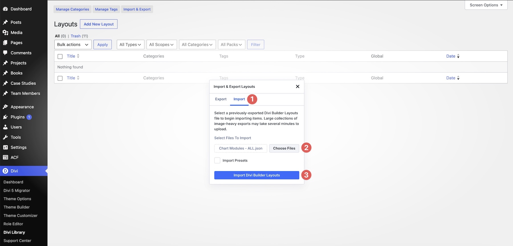 Import Divi Builder layouts