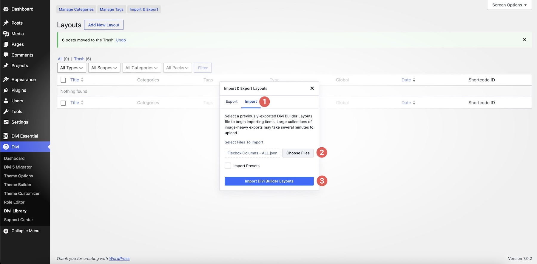 import Divi Builder layouts