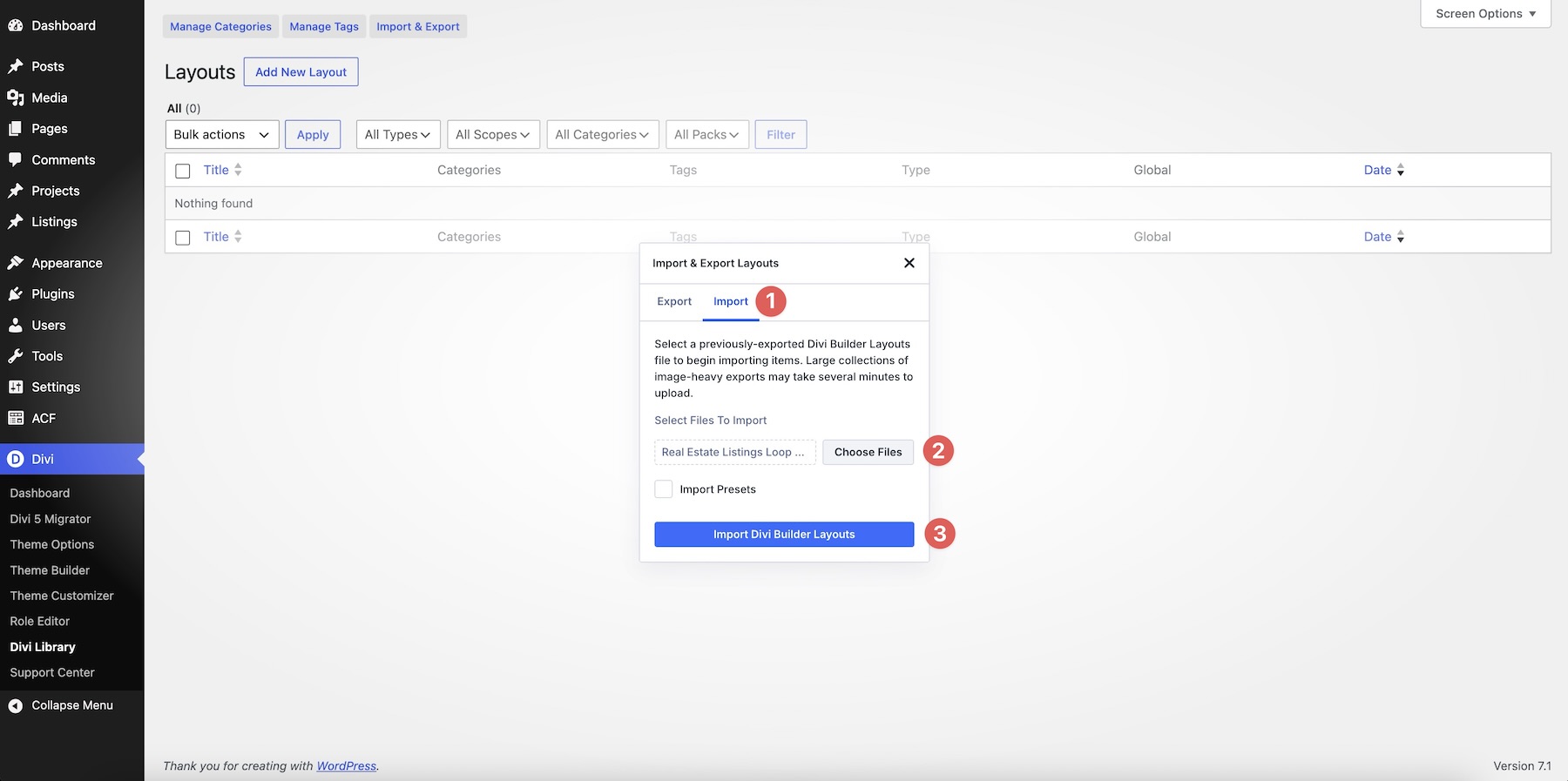import divi layouts