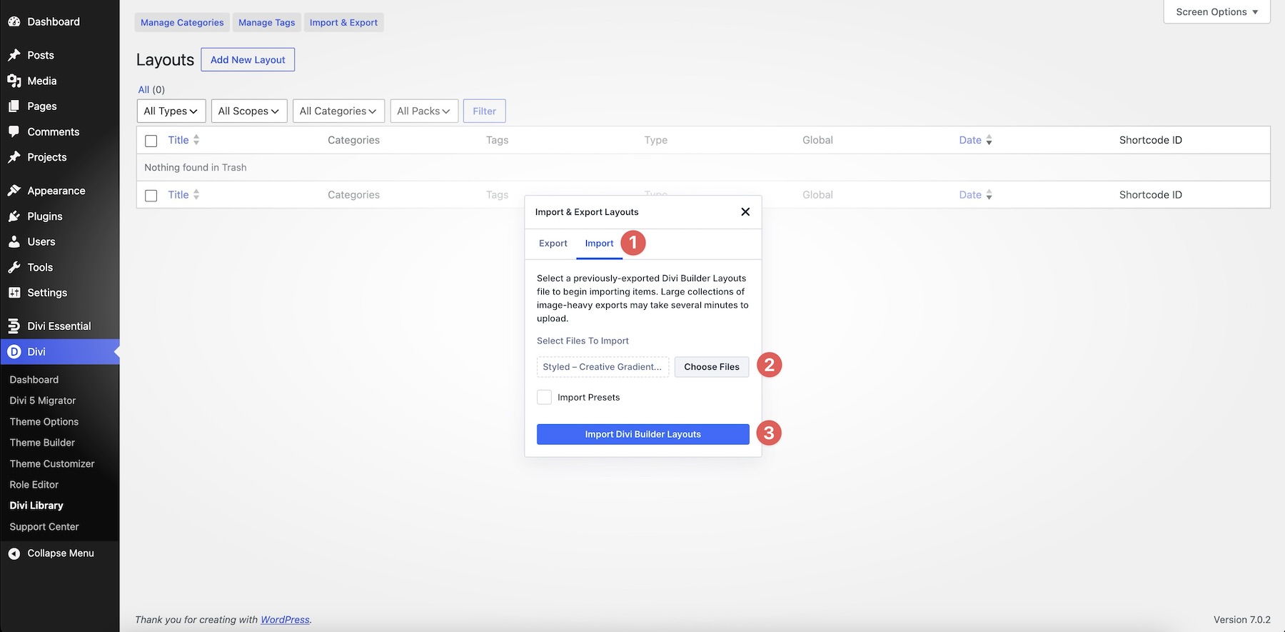 import gradient layouts in Divi Library