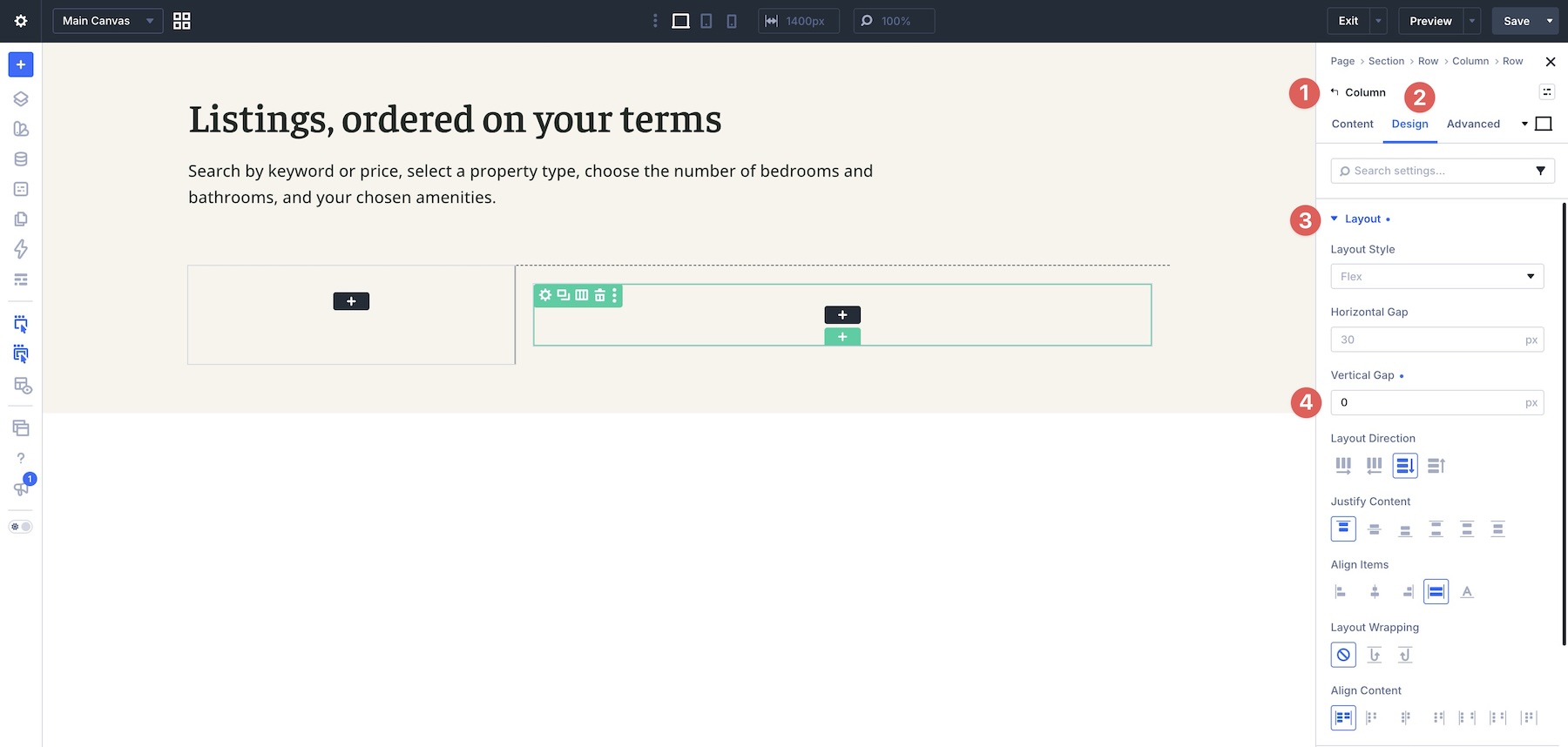 setting gaps for nested rows in Divi 5