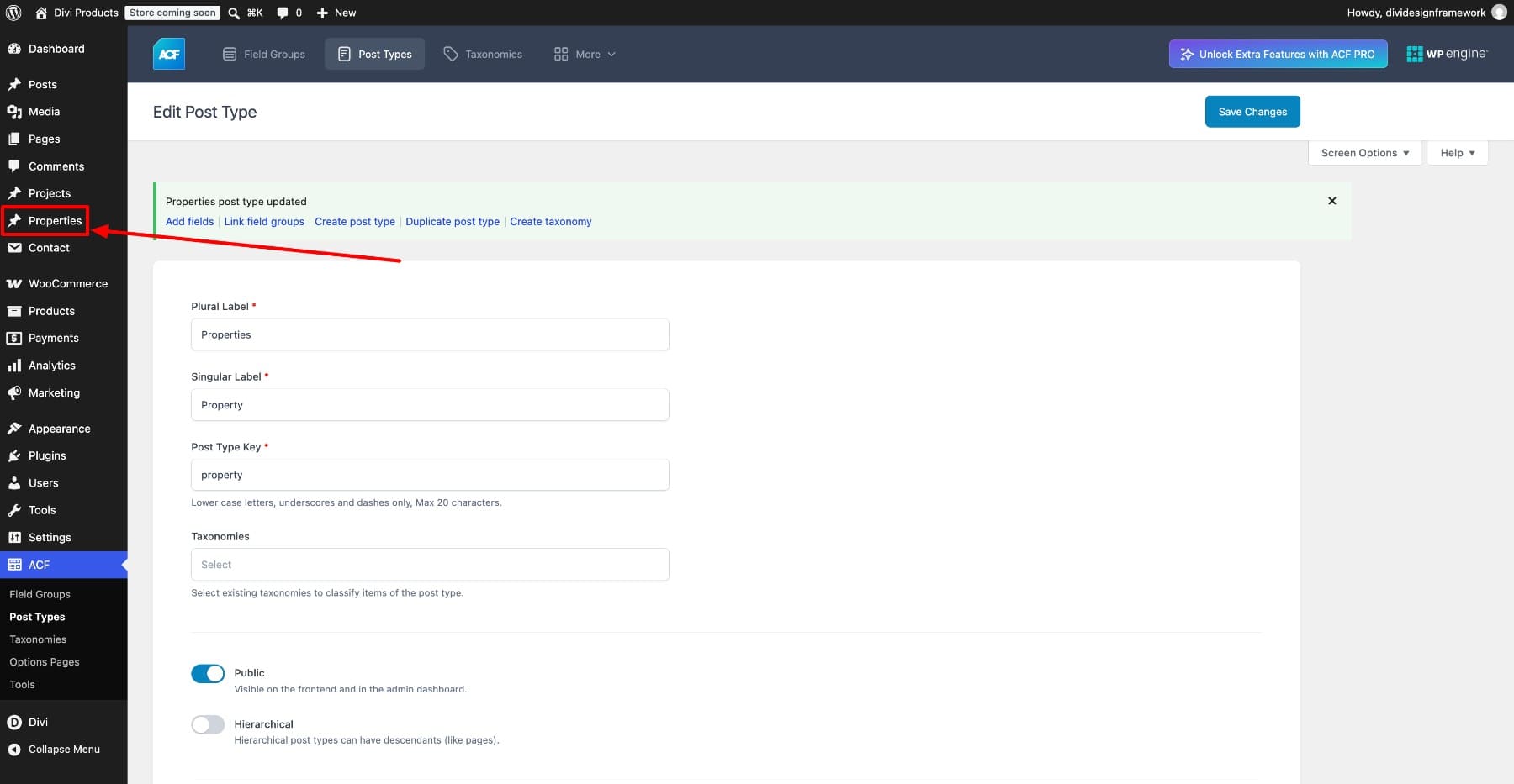 Properties post type in the WordPress admin sidebar
