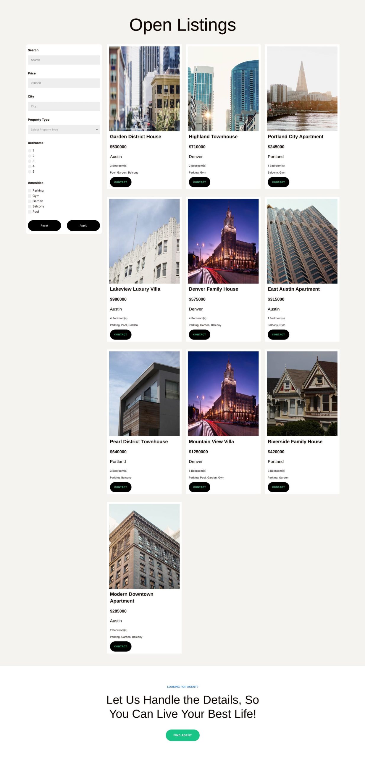 Property directory with a filter sidebar and listing cards