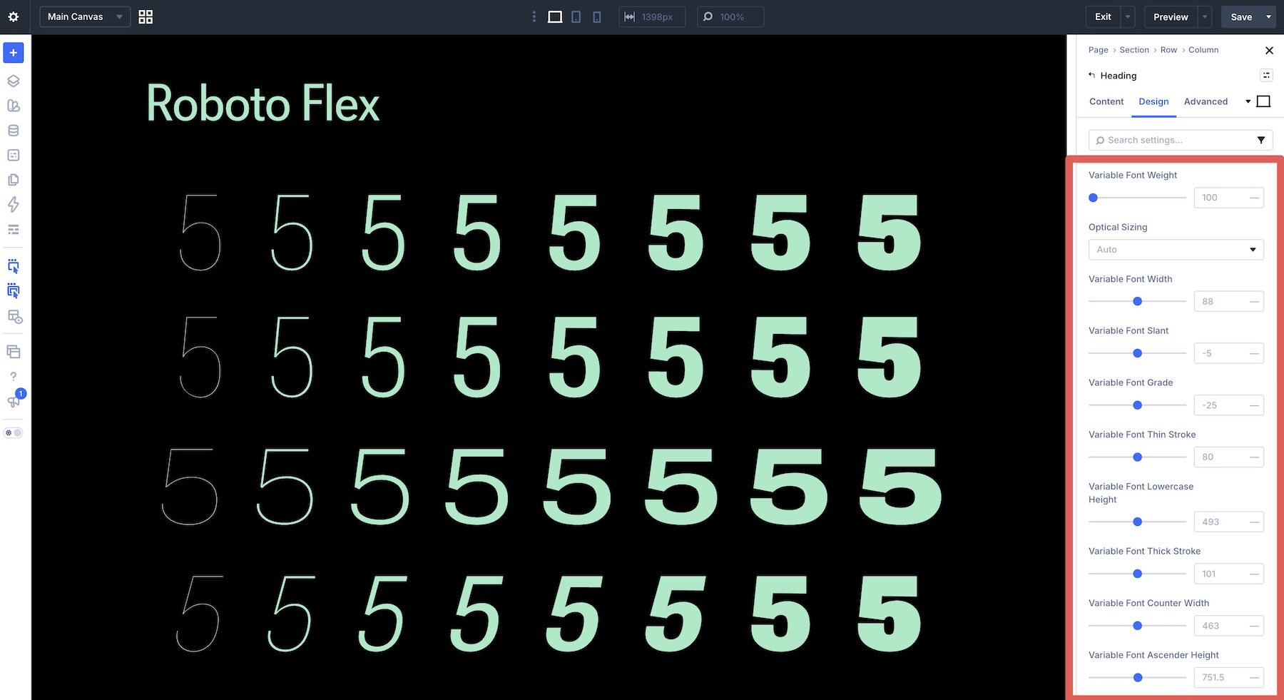 Roboto Flex variable font controls in Divi 5