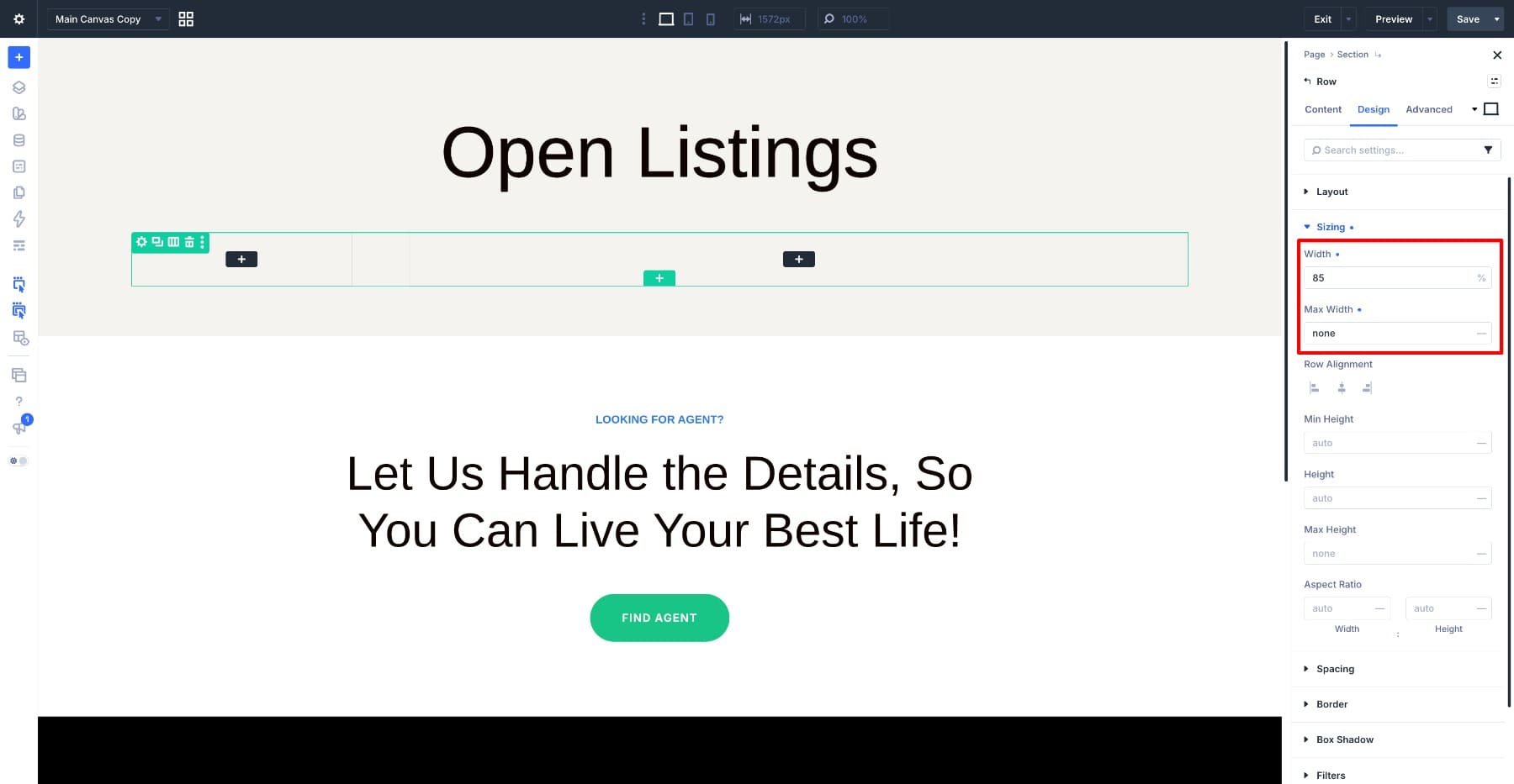 Set the directory row width to 85 percent