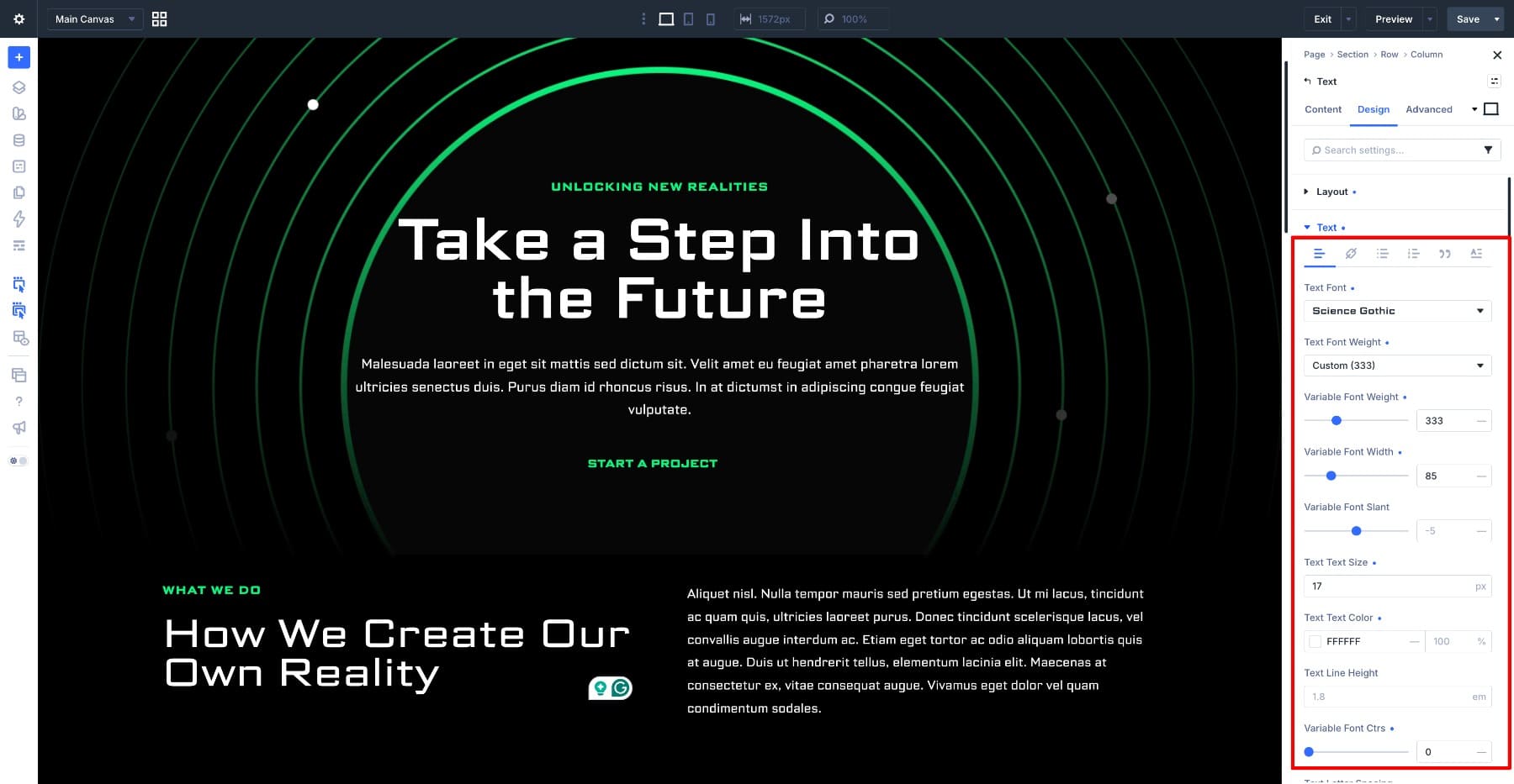 Science Gothic body text settings in Divi 5