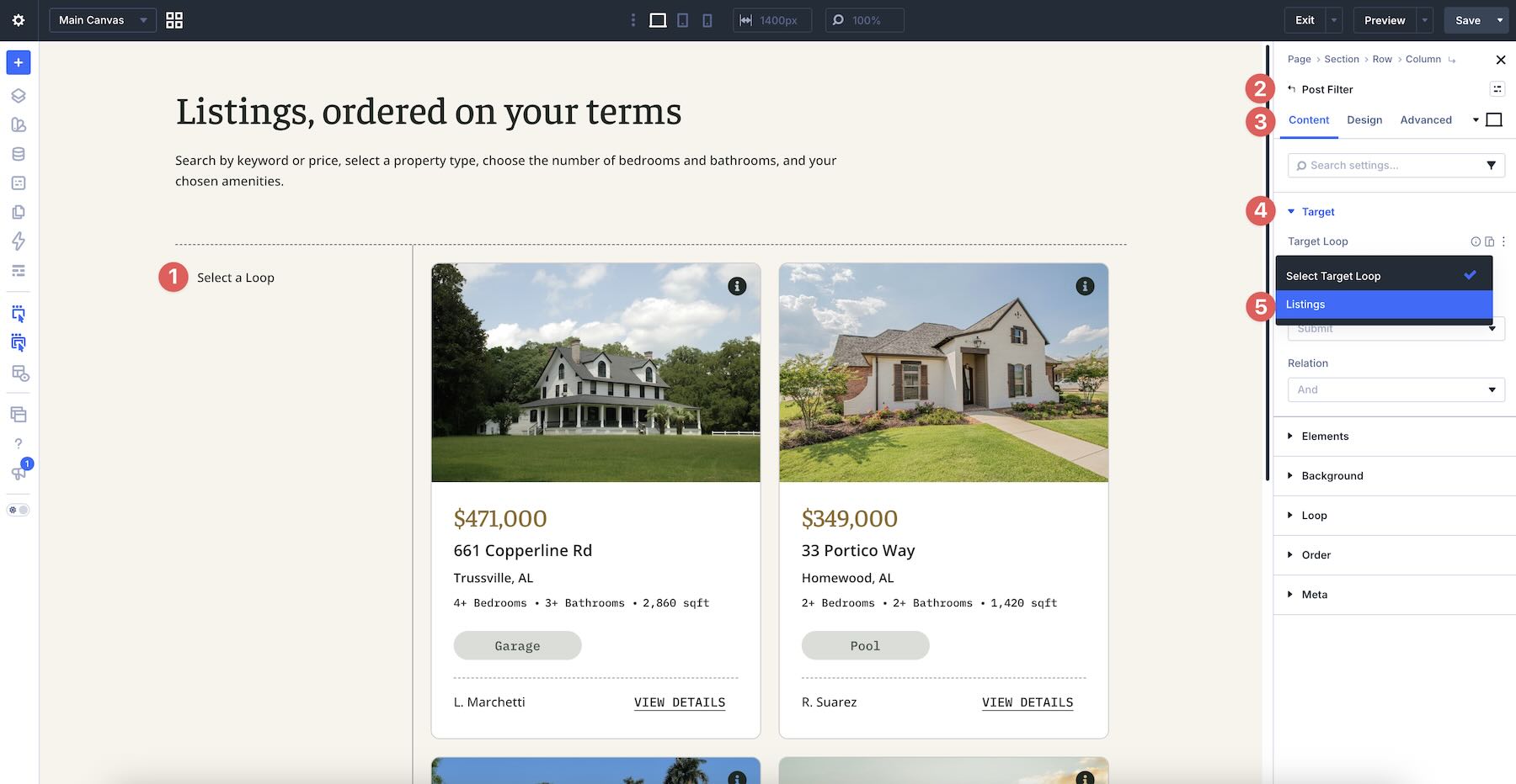 select the listings loop