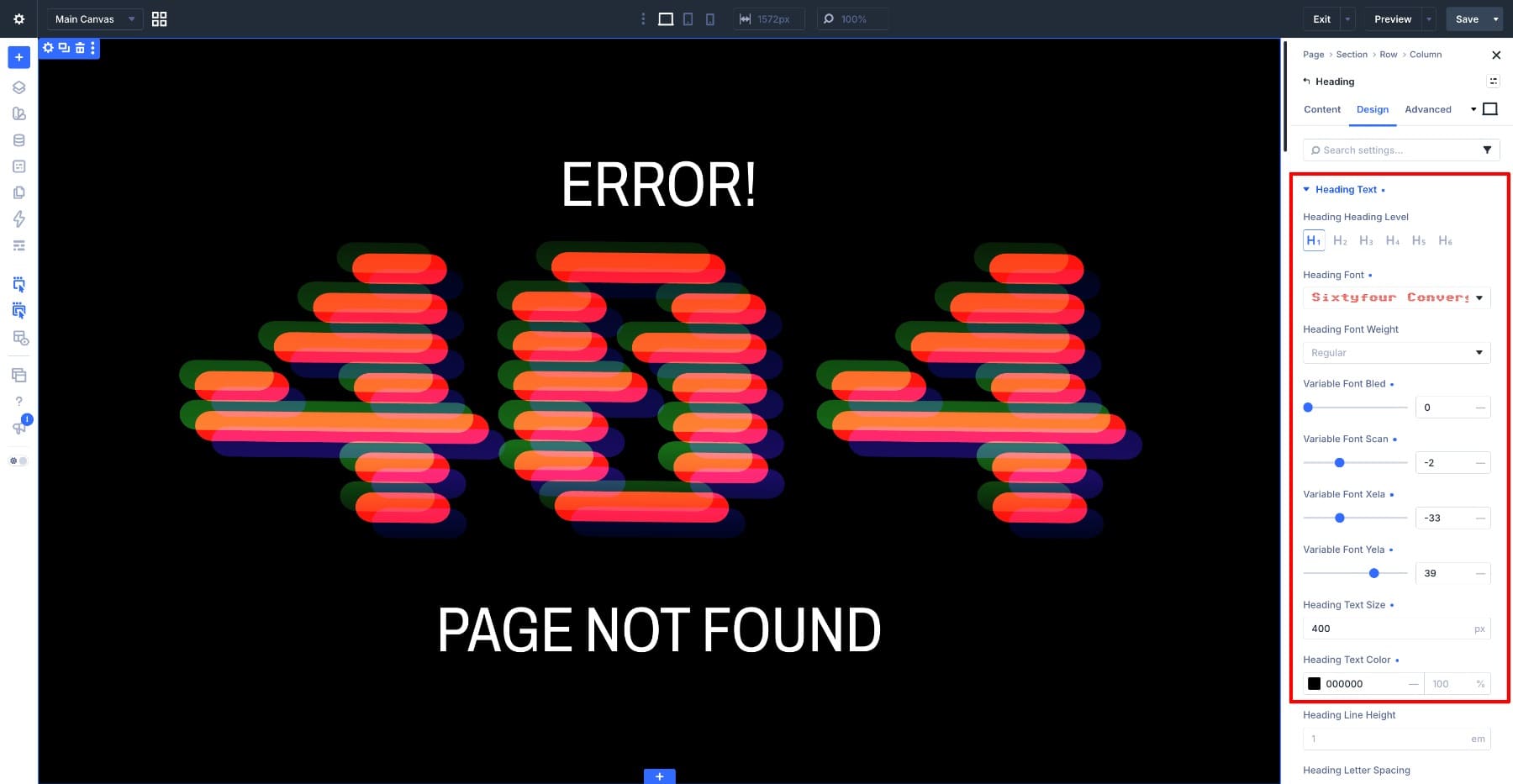 404 page designed with the Sixtyfour Convergence variable font