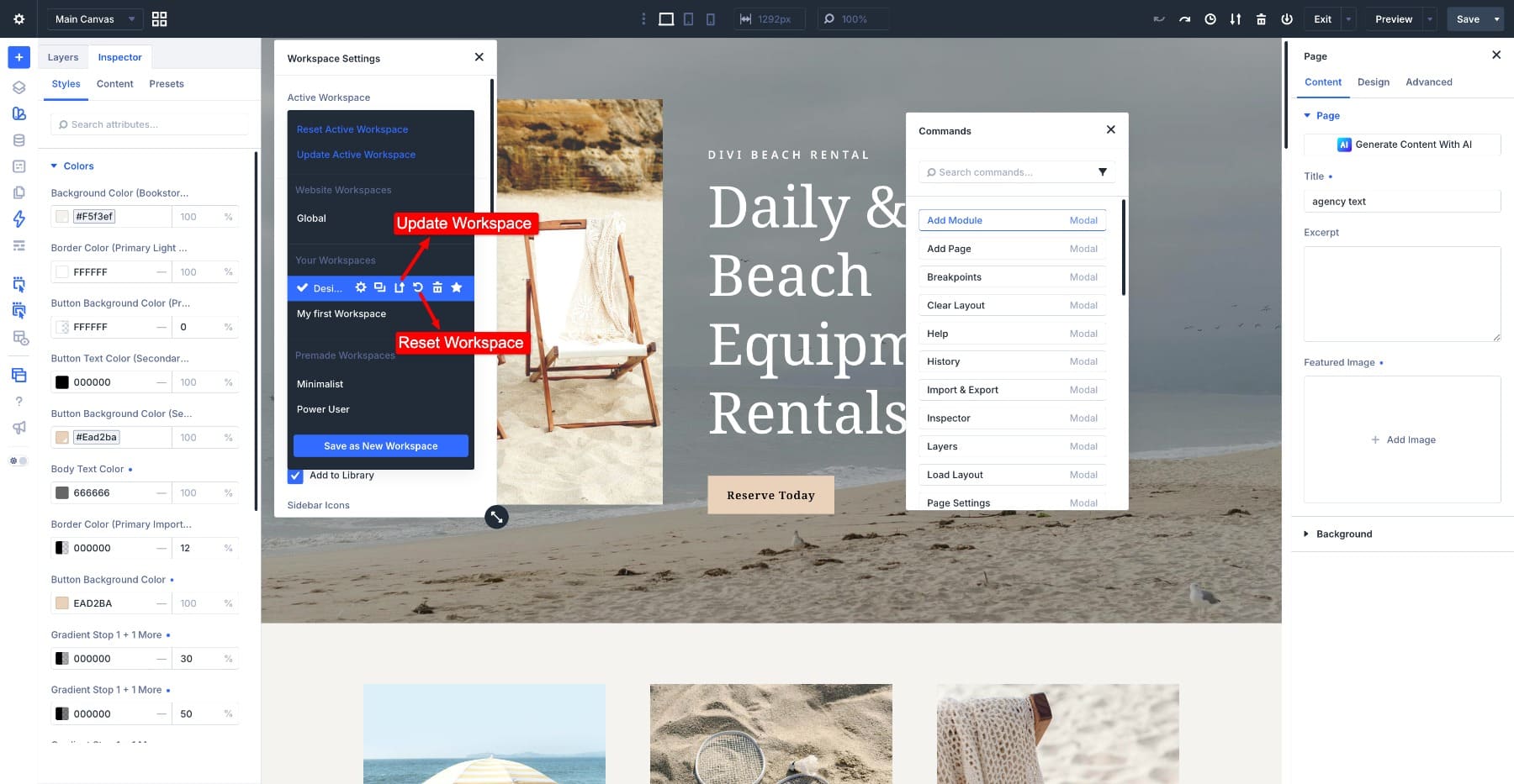 Update Active Workspace and Reset Active Workspace controls in Divi 5