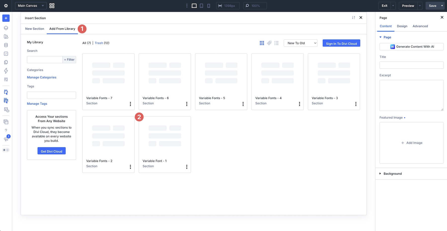 Adding a Divi Library layout to the Visual Builder