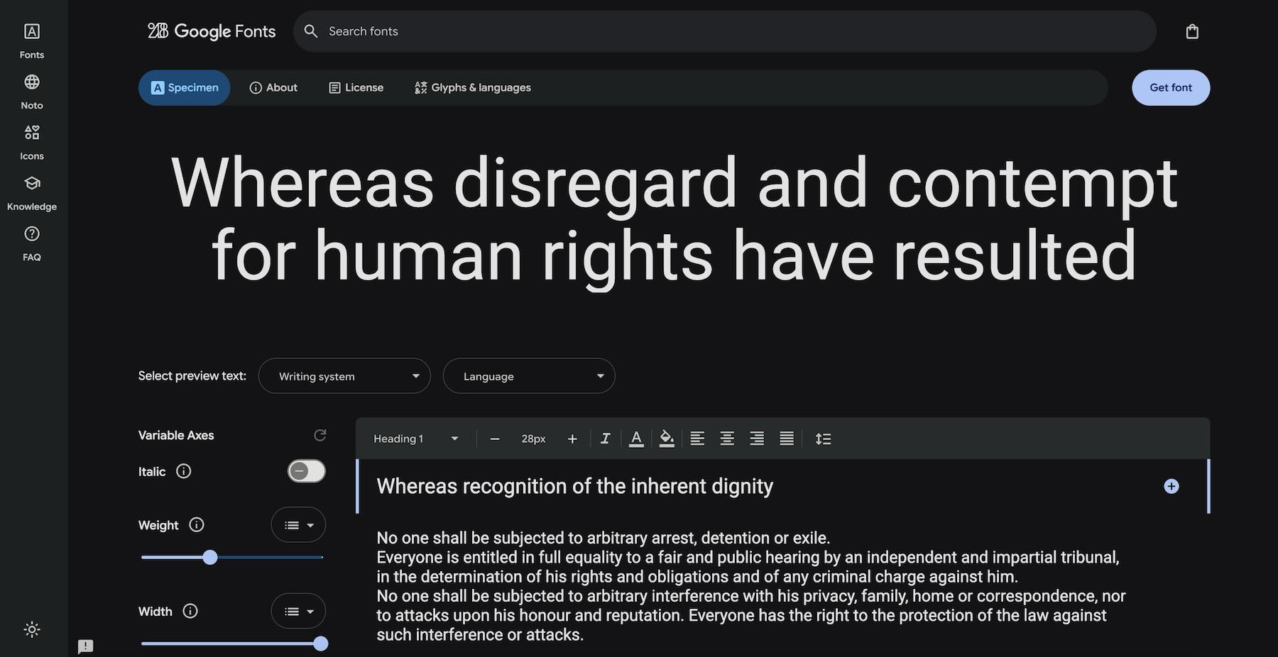 Variable font axes listed on a Google Fonts detail page