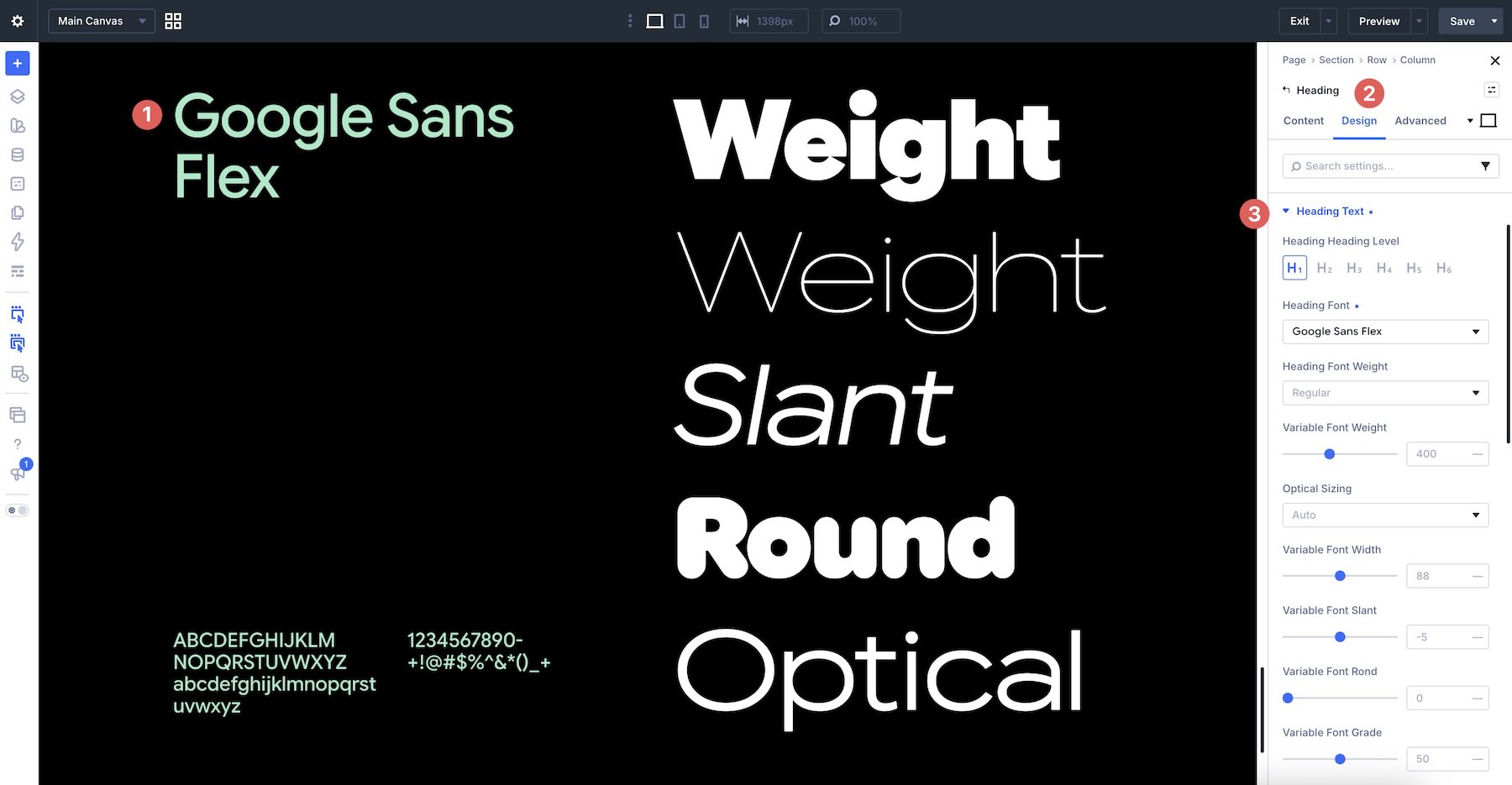 Variable font controls in the Design tab in Divi 5