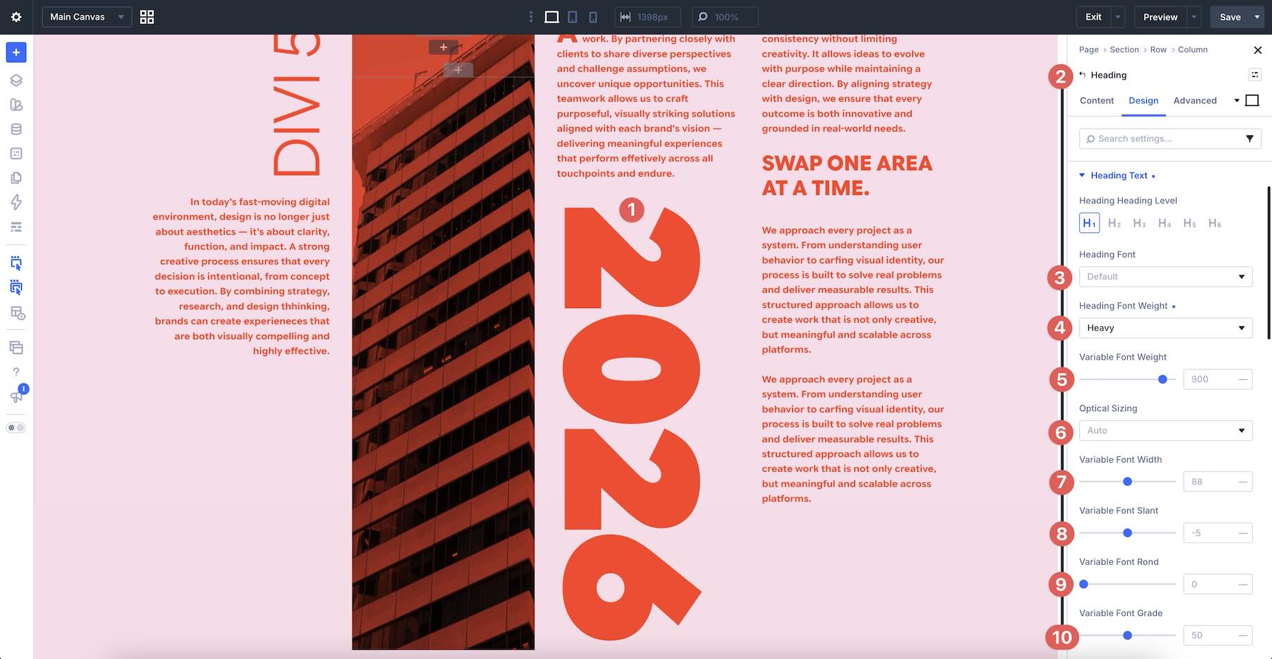 Variable font options in a Divi 5 text settings group