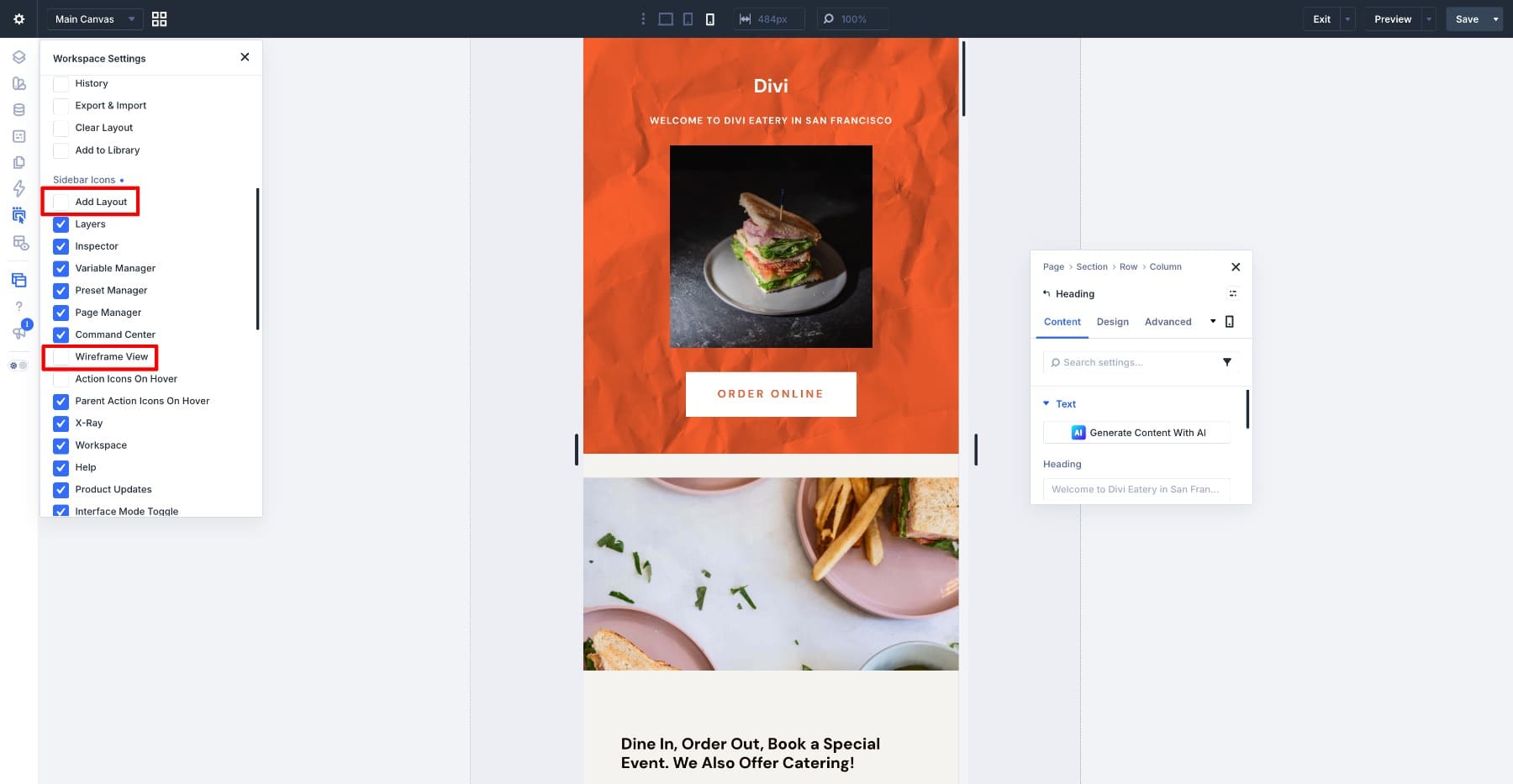 Sidebar Icons settings with Wireframe View and Add Layout hidden