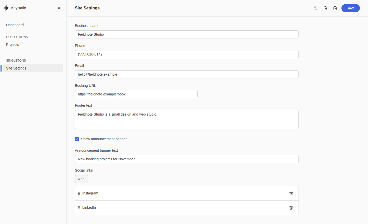 Keystatic form for editing shared site settings