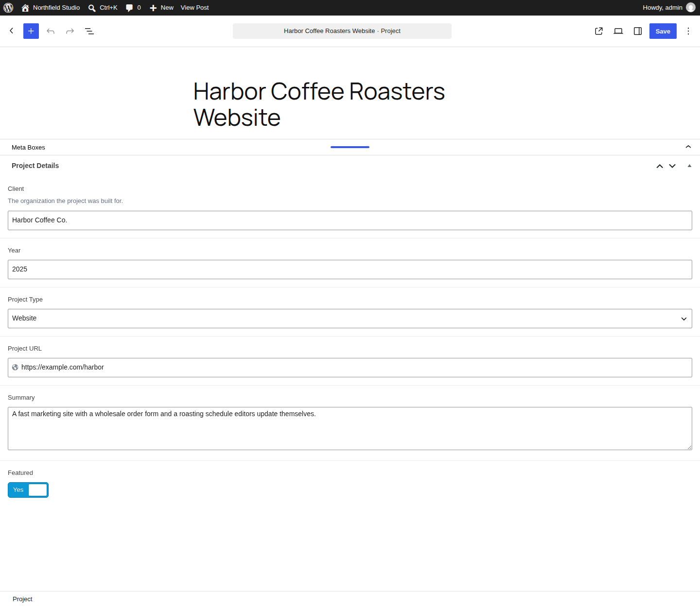 WordPress editing screen for a custom post type with structured custom fields