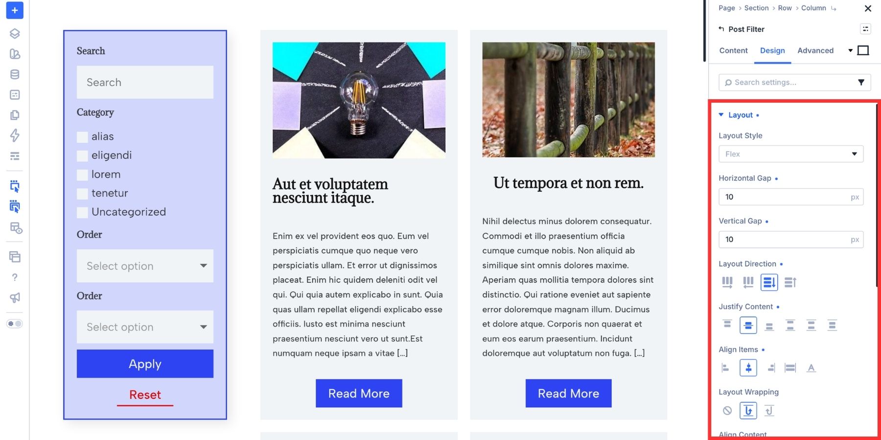Flexbox options available for the post filter module container