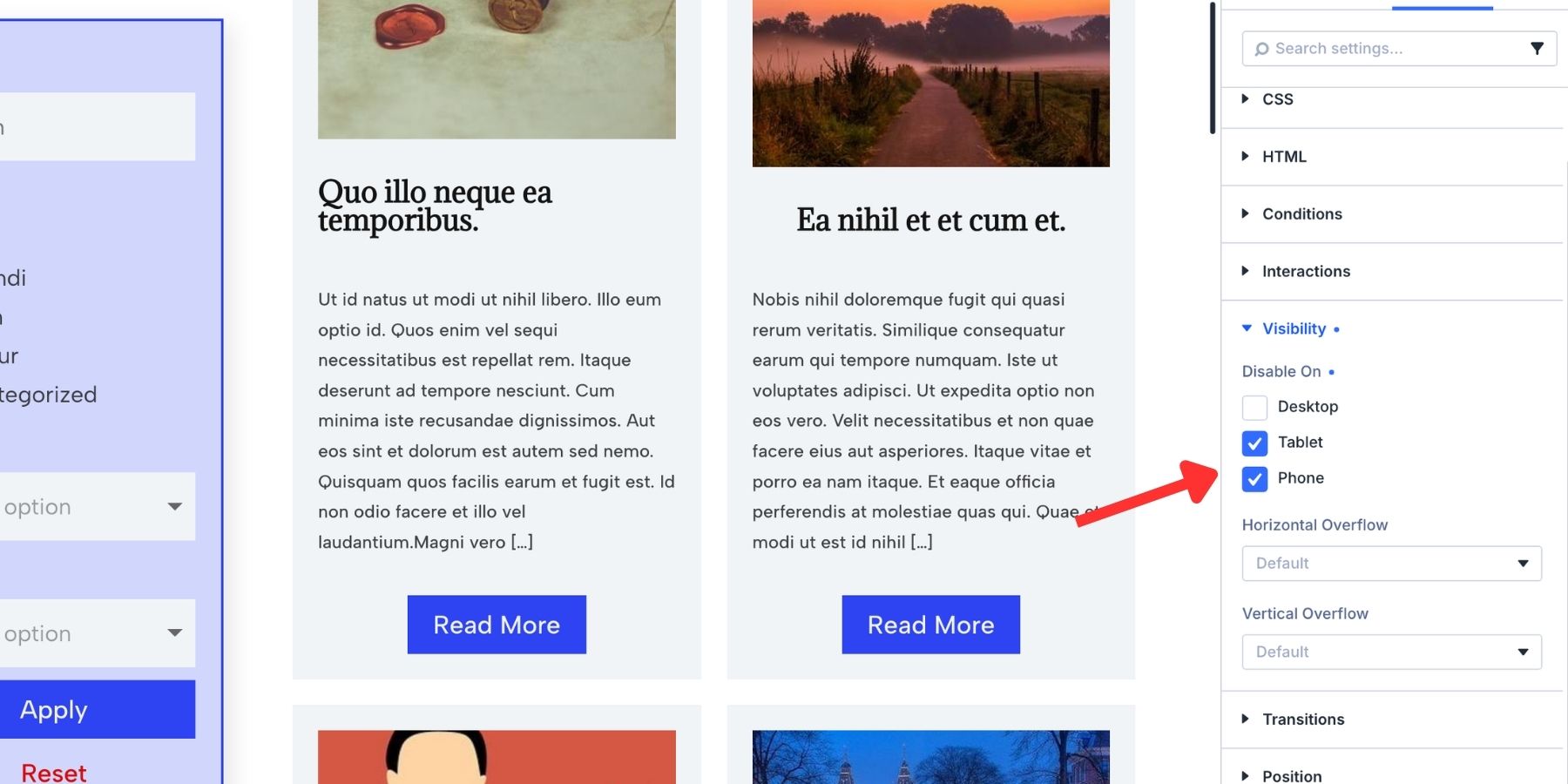 Hiding the sidebar filters for mobiles and tablets in Divi 5